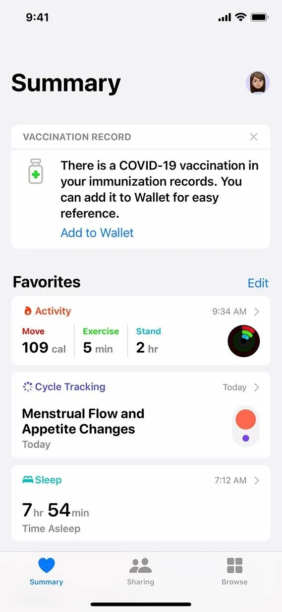 Summary screen of a mobile app displaying activity statistics and favorites.