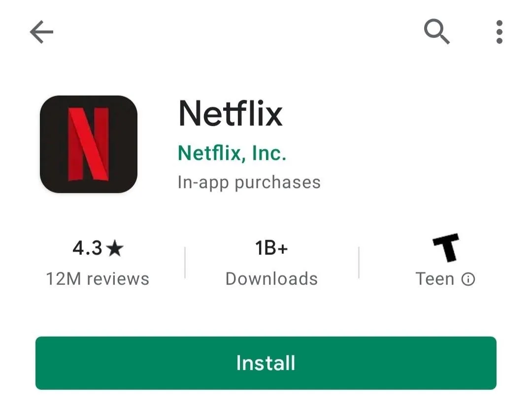 Netflix app listing on Google Play Store.