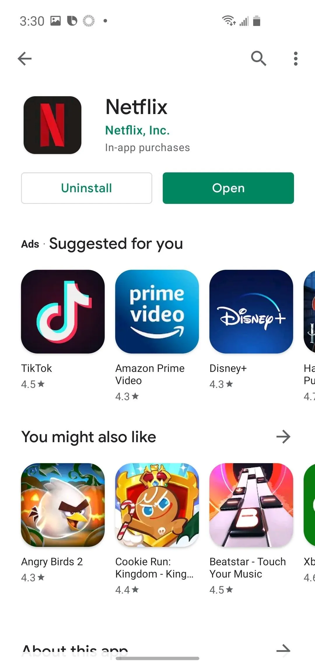 Netflix app on a smartphone with suggested apps including TikTok, Amazon Prime Video, and Disney+.