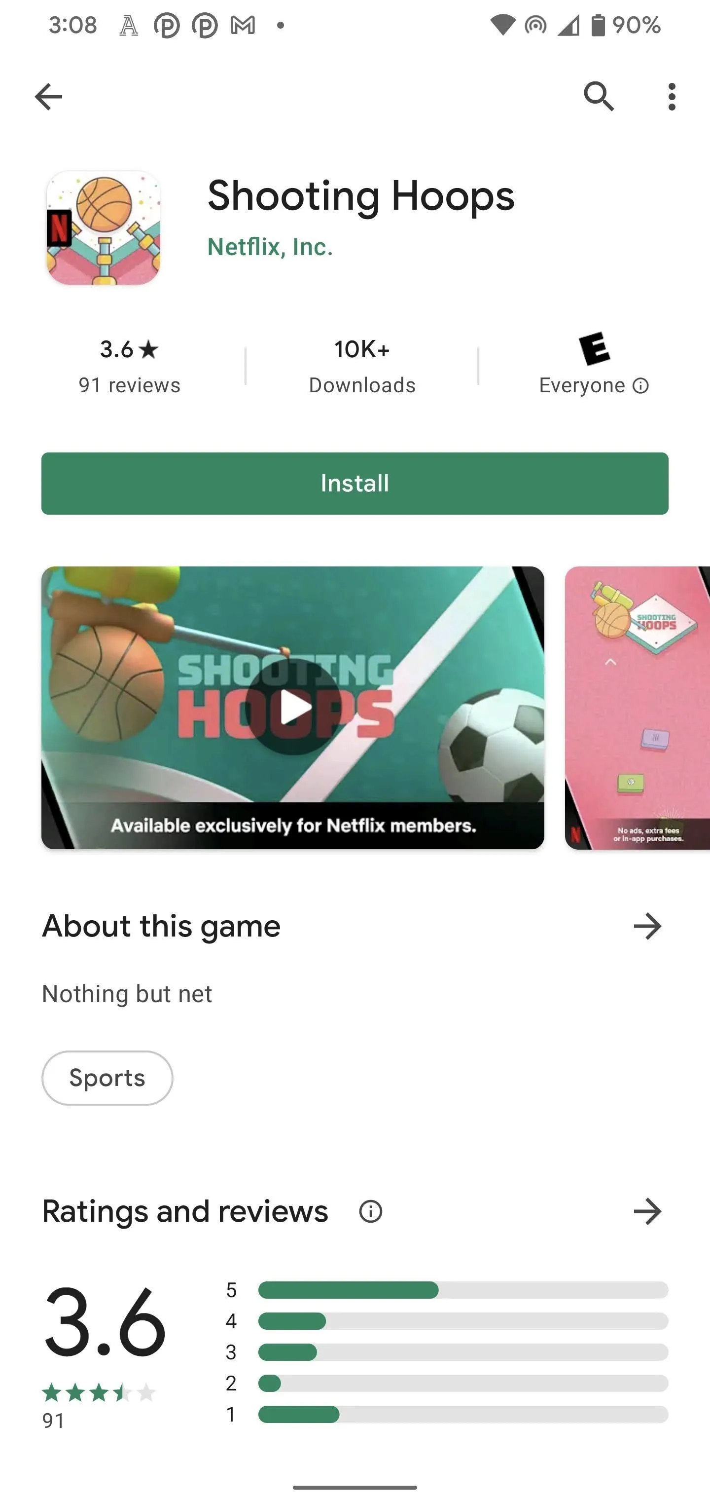 Mobile game interface for "Shooting Hoops" with ratings and a gameplay video preview.