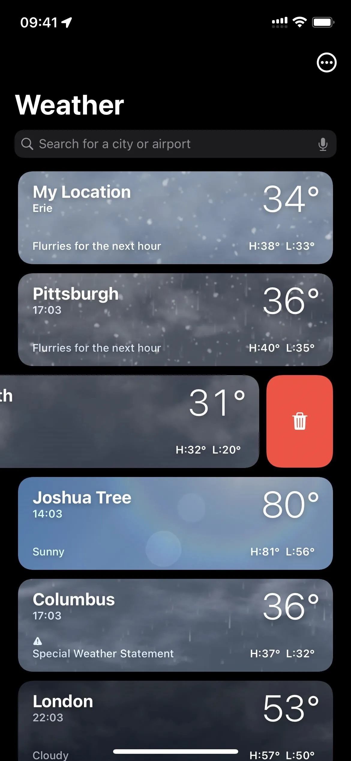 Weather app screenshot displaying current temperatures for various cities.