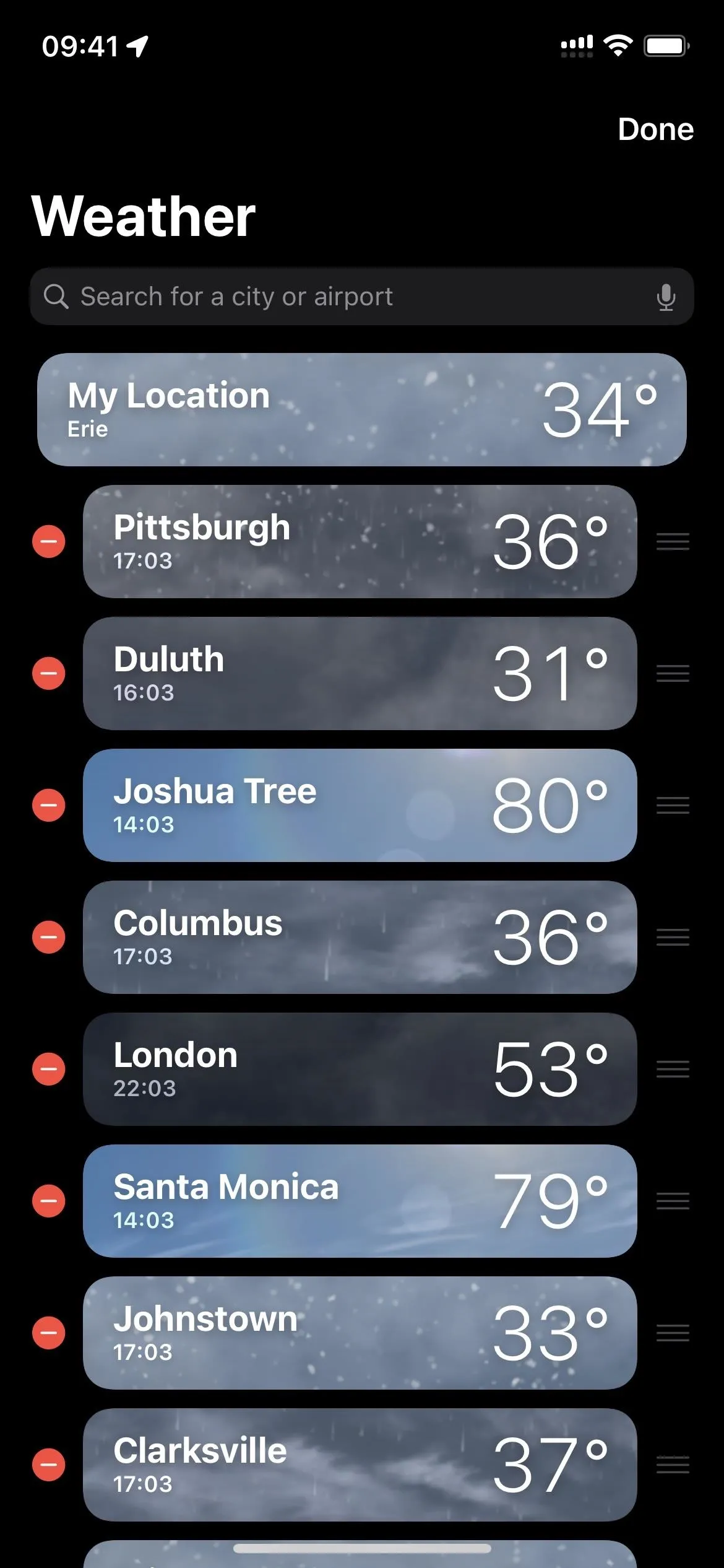 Weather app interface displaying current temperatures for various cities.