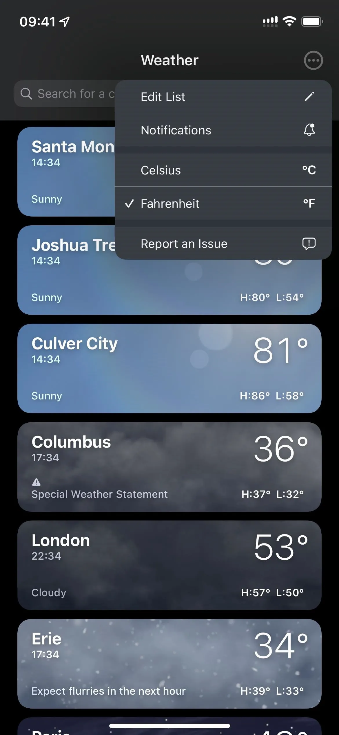 Weather forecast app displaying various locations and temperatures.