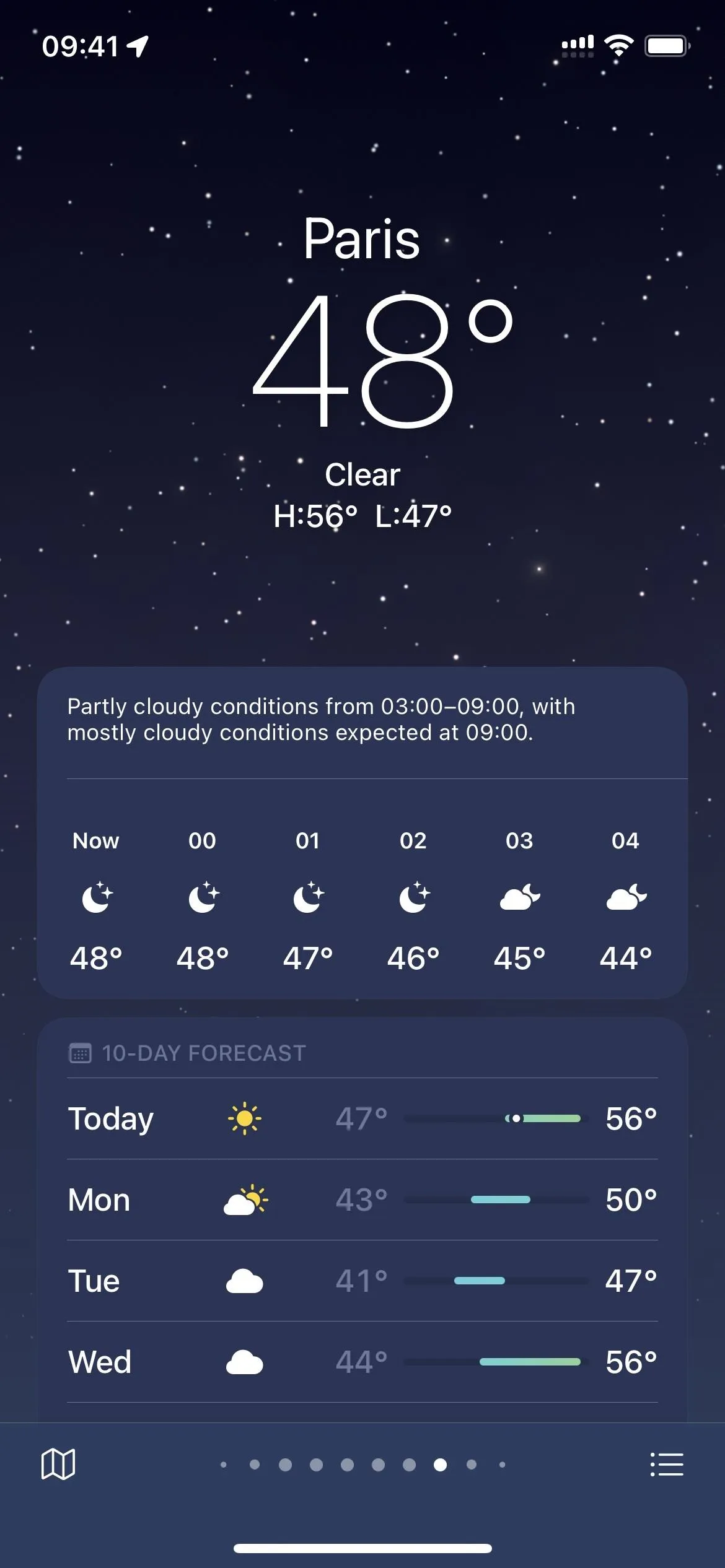 Weather forecast for Paris showing a temperature of 48°F with daily updates.