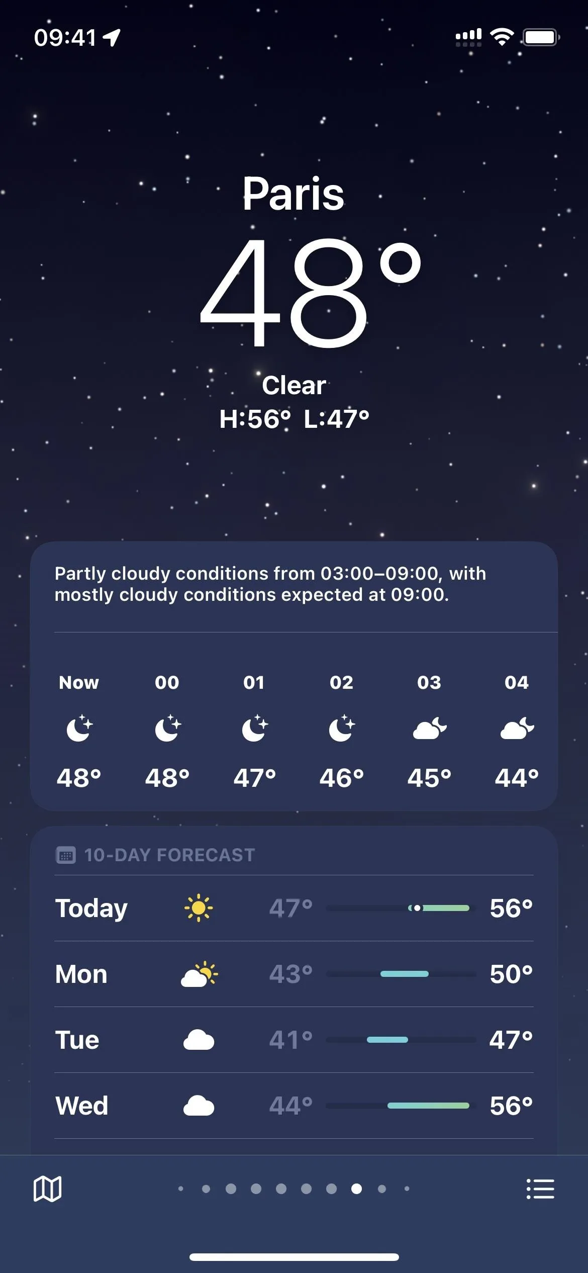 Weather forecast for Paris showing a current temperature of 48°F with expected conditions for the week.