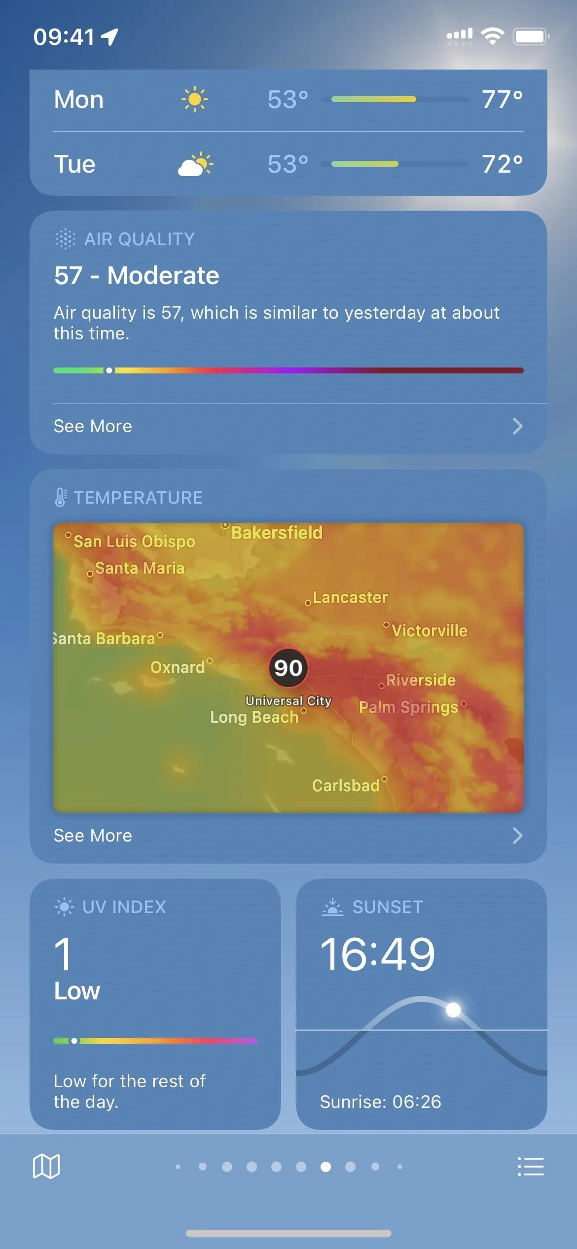 Weather forecast display with temperature, precipitation, and a map overview.