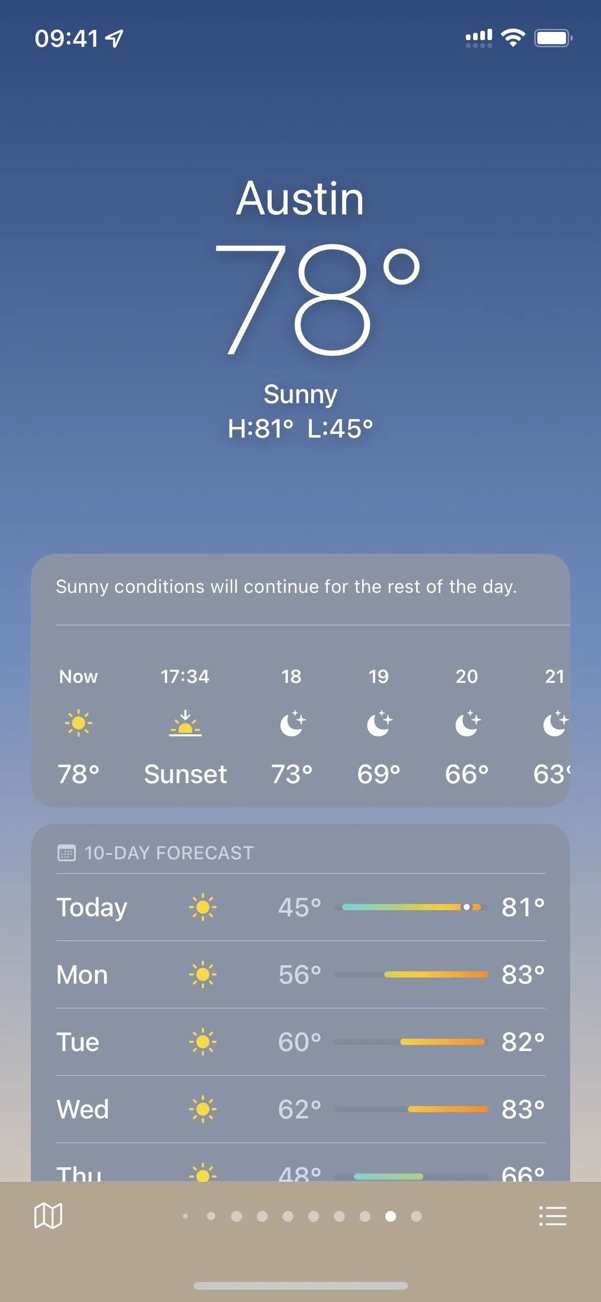 Austin weather forecast showing 78°F with details for the week ahead.