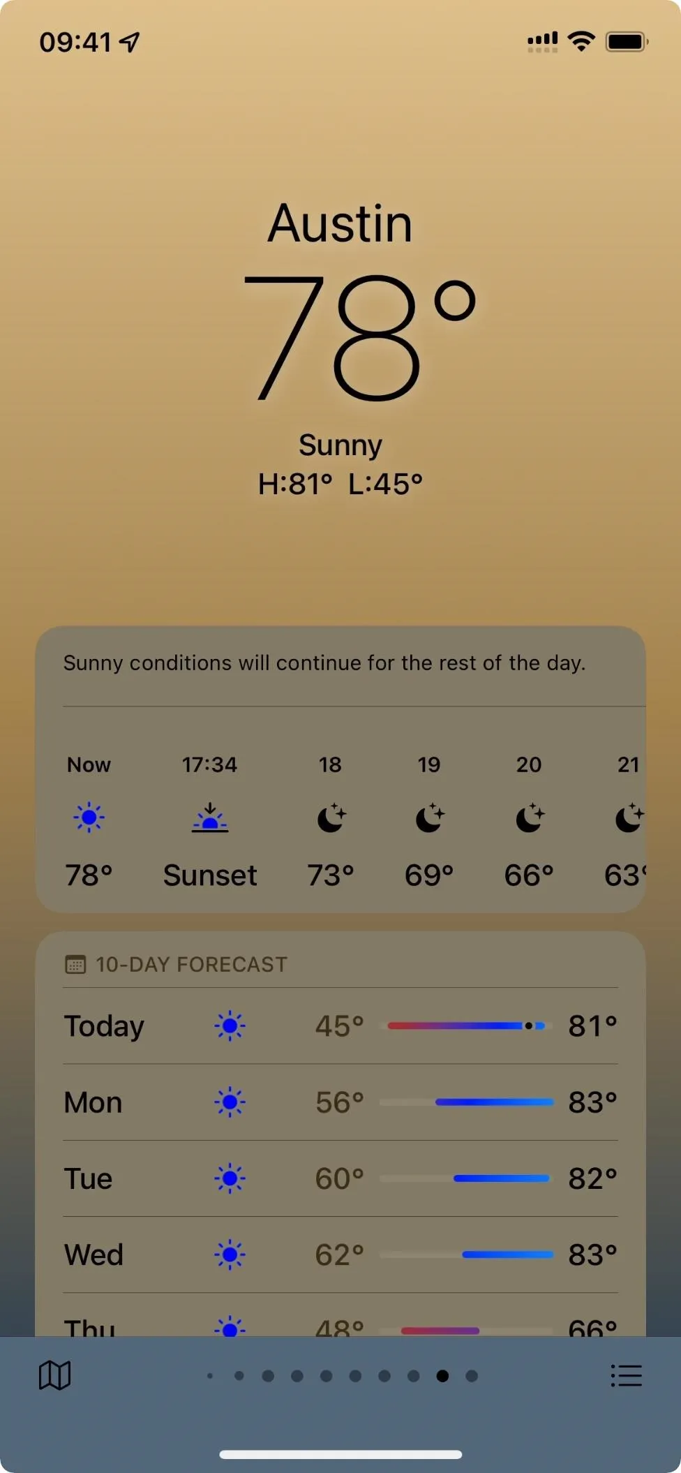 Austin weather forecast with current temperature at 78°F.