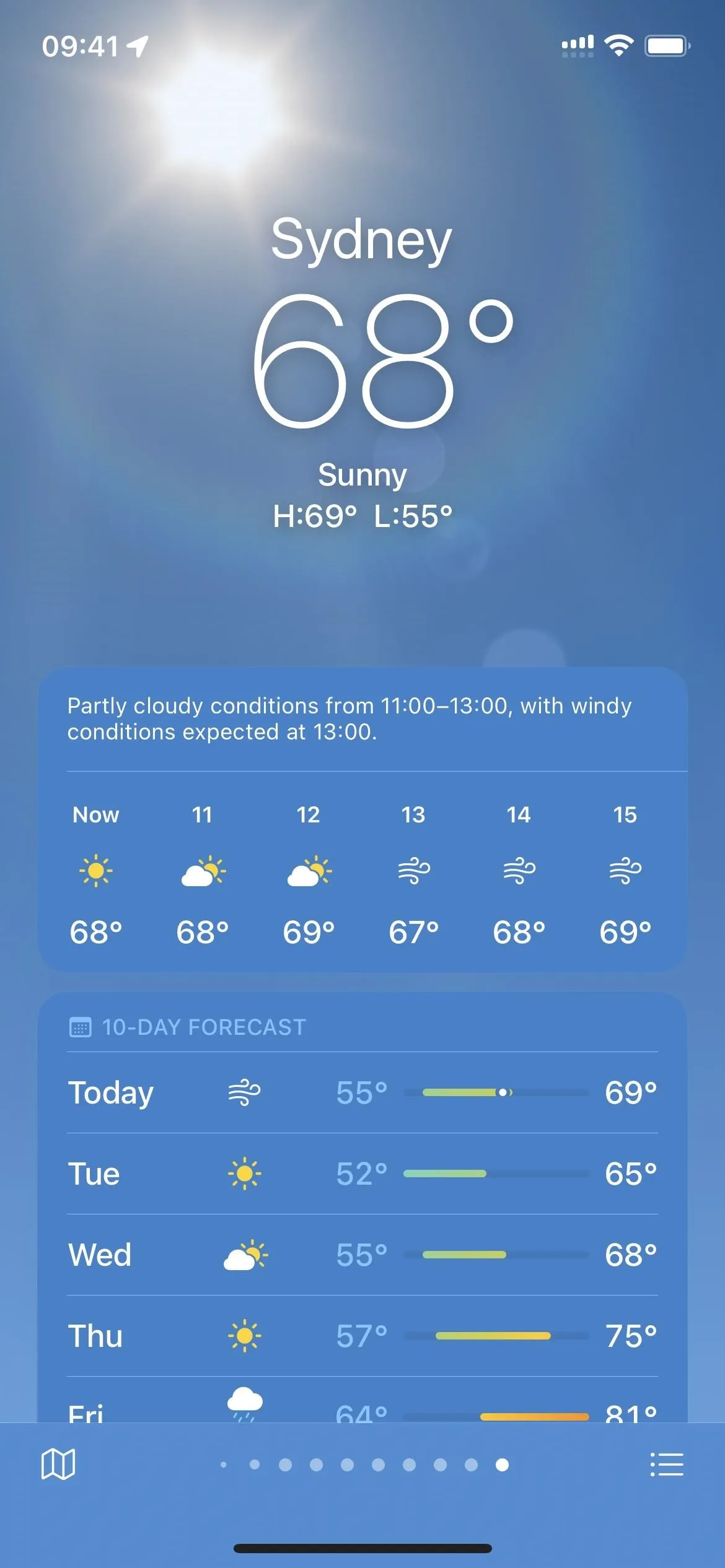 Sydney weather forecast showing a temperature of 68°F with sunny conditions.