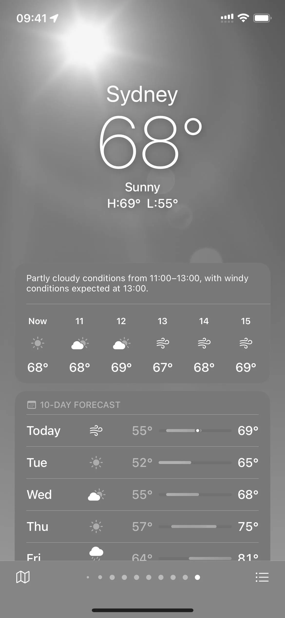 Weather forecast for Sydney, 68°F.