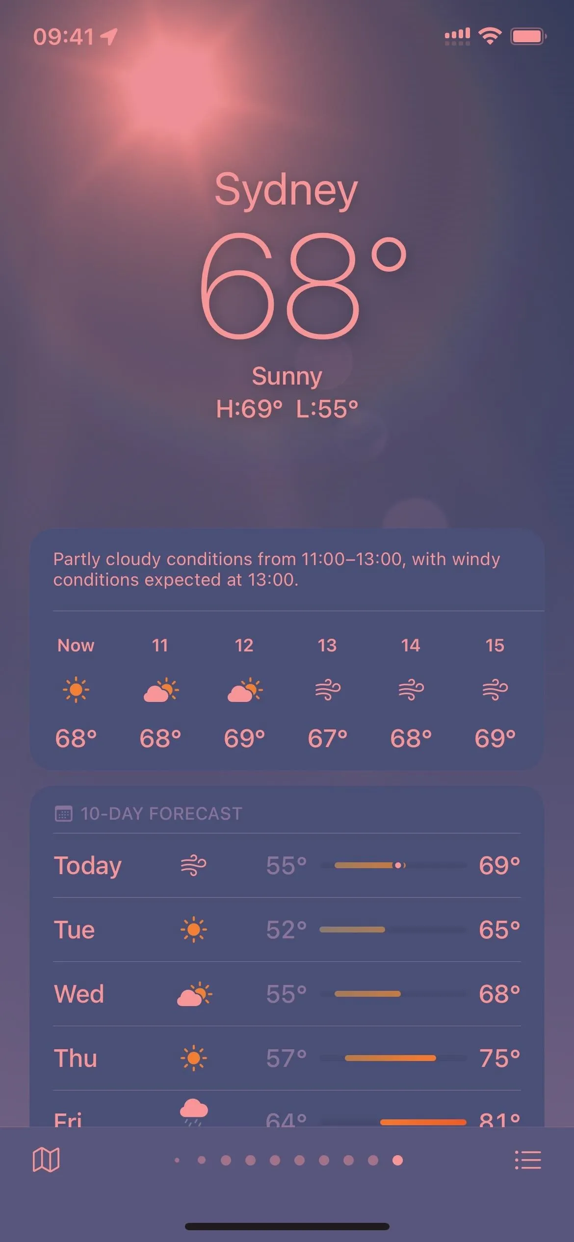 Weather forecast for Sunday with a temperature of 68°F and upcoming daily predictions.