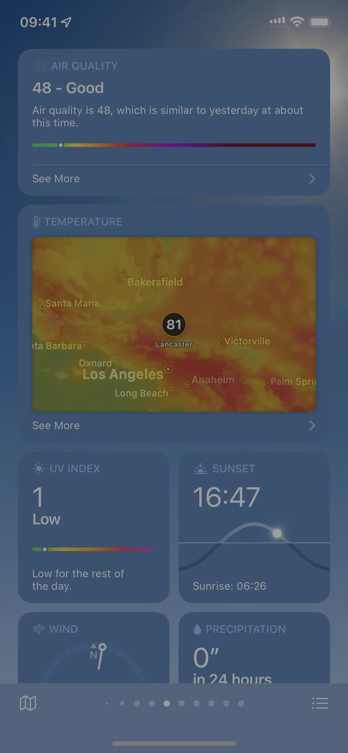 Weather forecast display with temperature, humidity, and wind speed information.