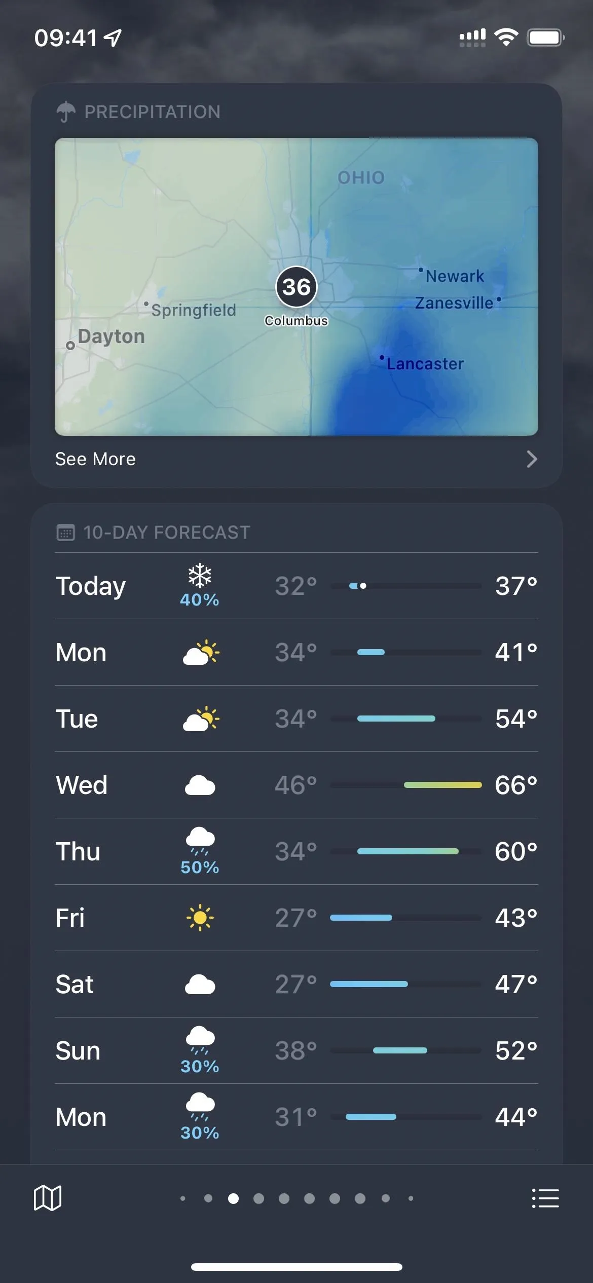 Weather forecast screenshot displaying daily temperatures and conditions.