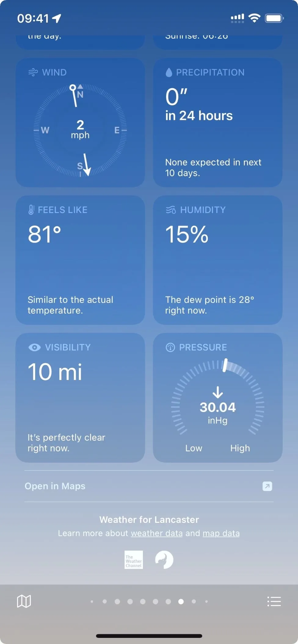 Weather app interface displaying current conditions and forecasts.