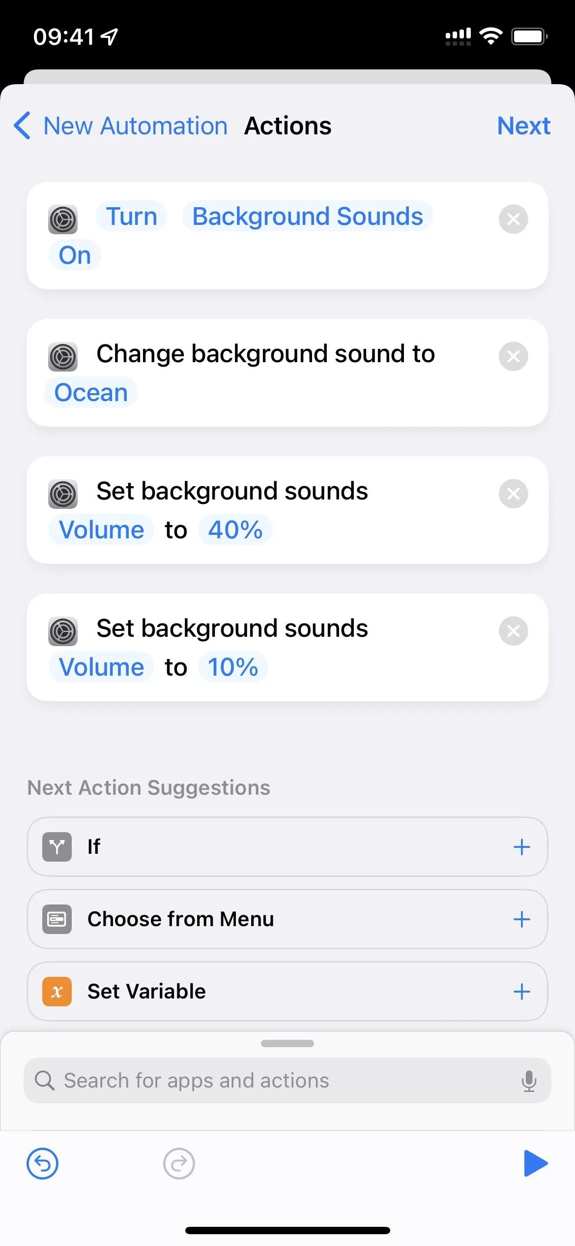 Settings menu for changing background sound on a mobile device.