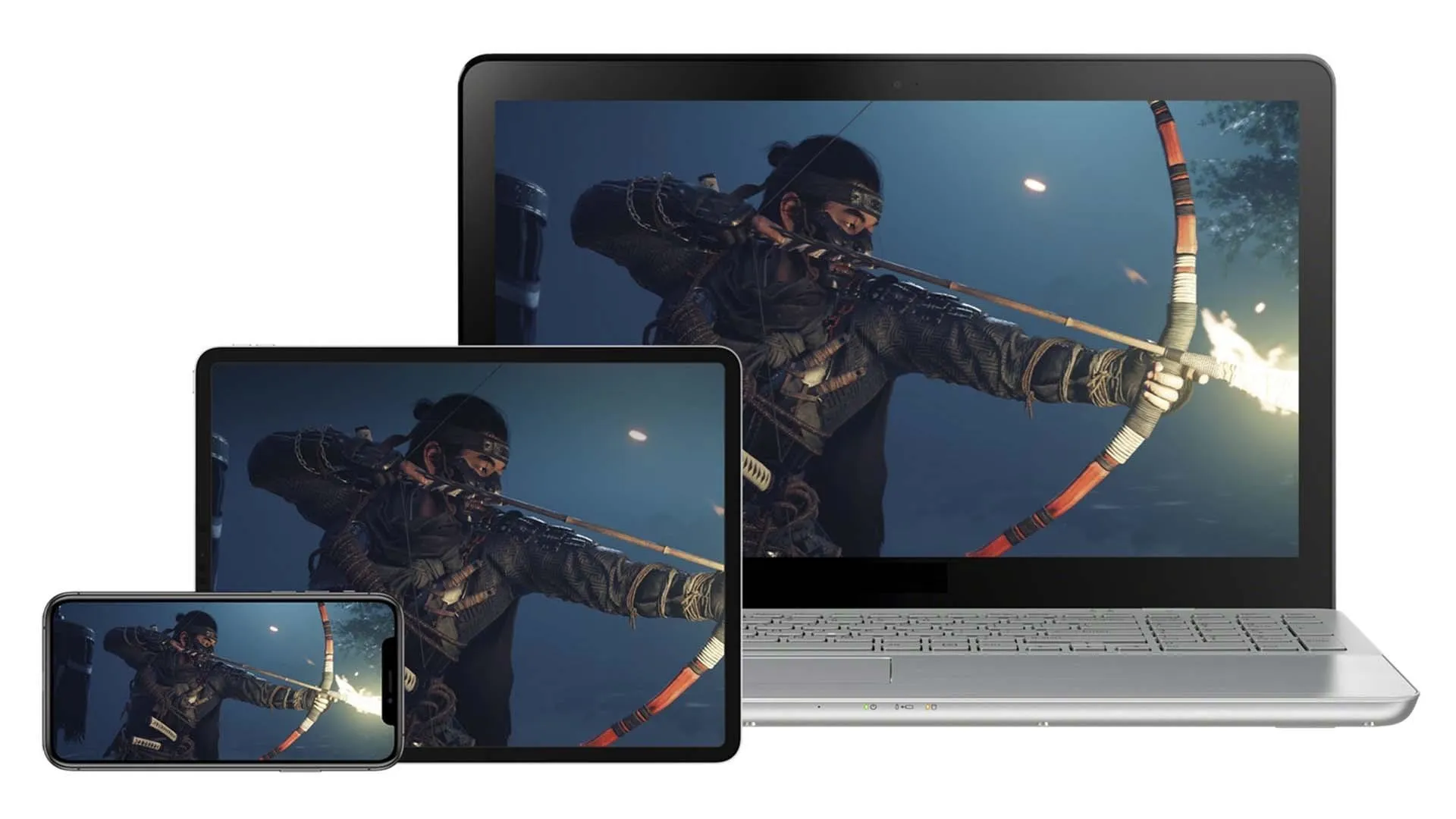 Gaming character using a bow and arrow displayed on multiple devices.