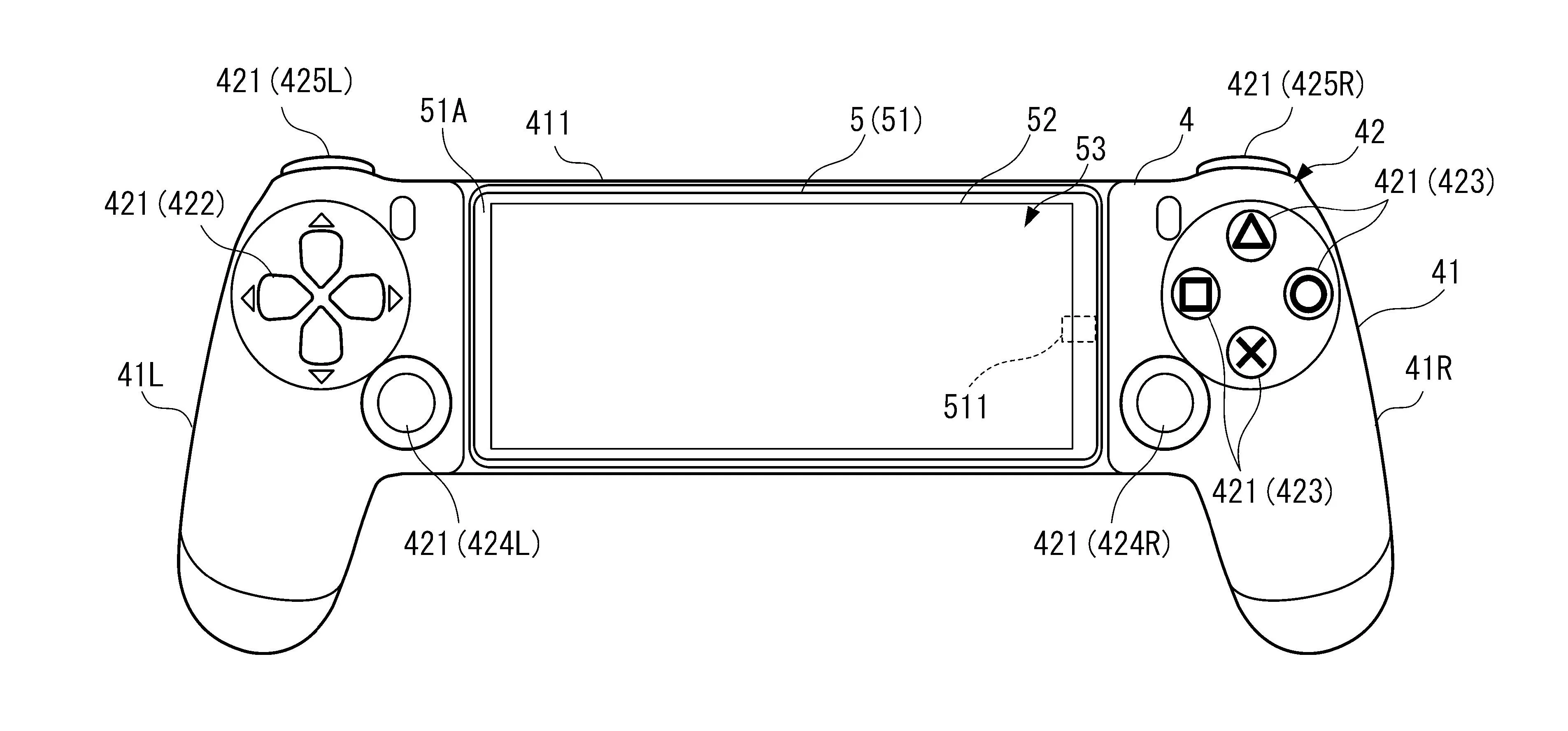 Illustration of a gaming controller design, featuring labeled components.