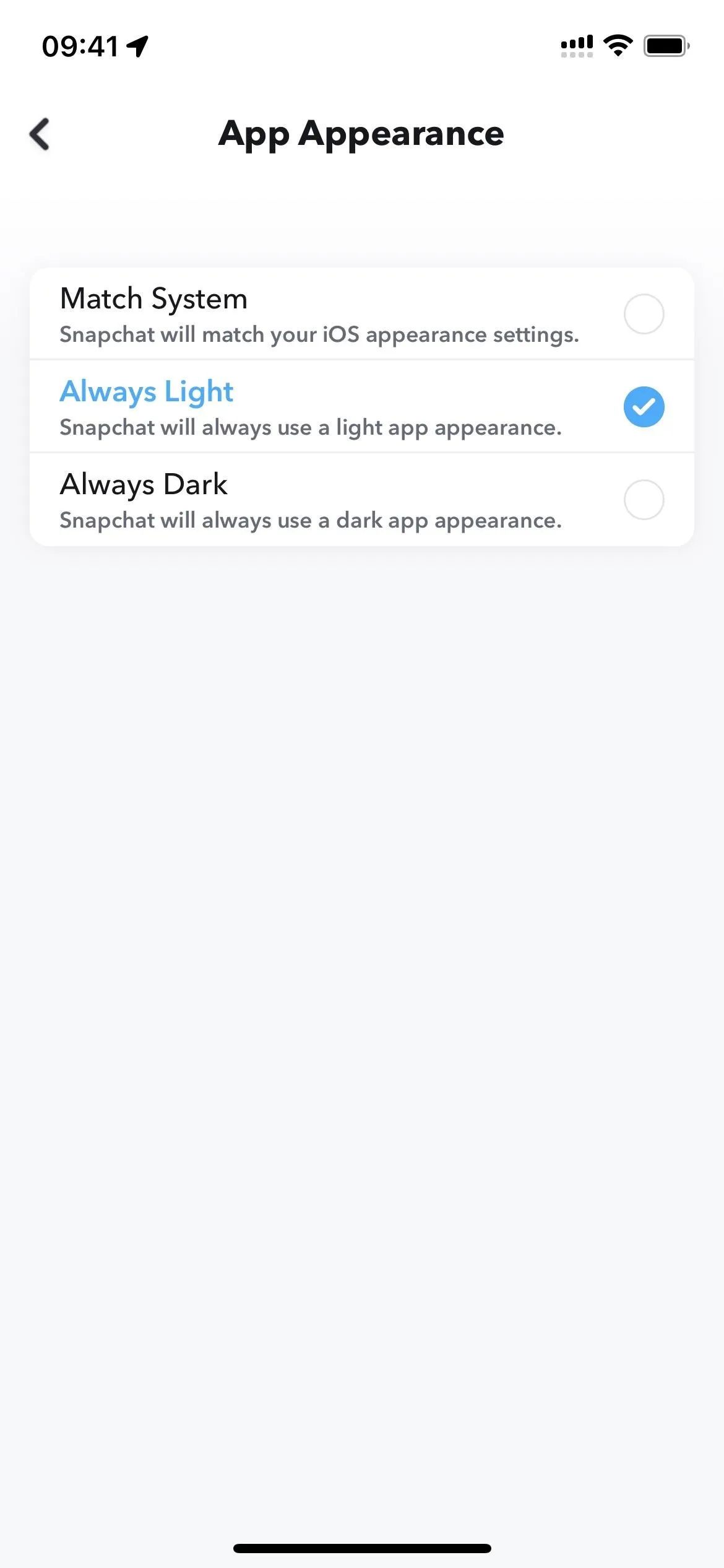 App appearance settings with options for light and dark mode.