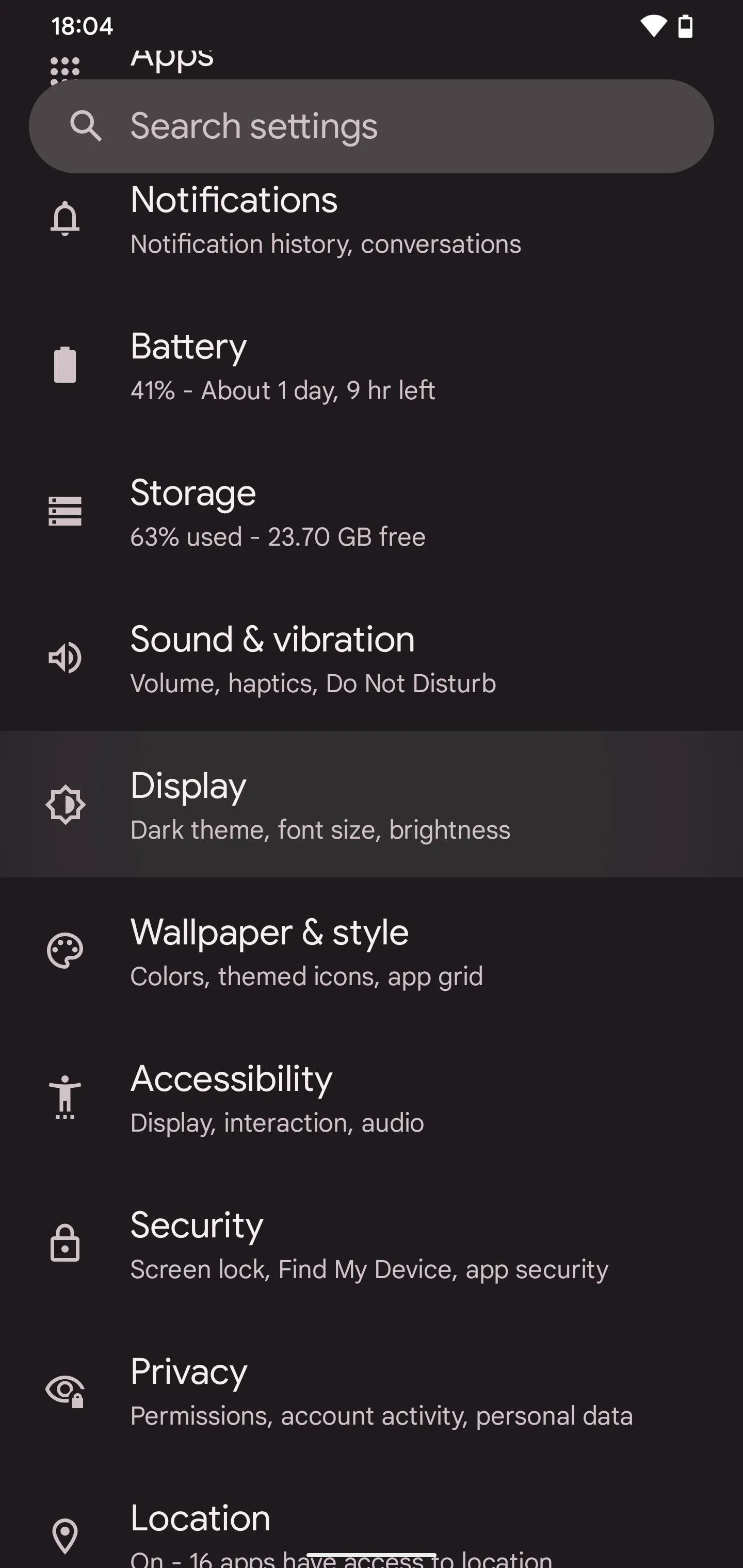 Mobile device settings menu displaying various options including notifications, battery, and utility.