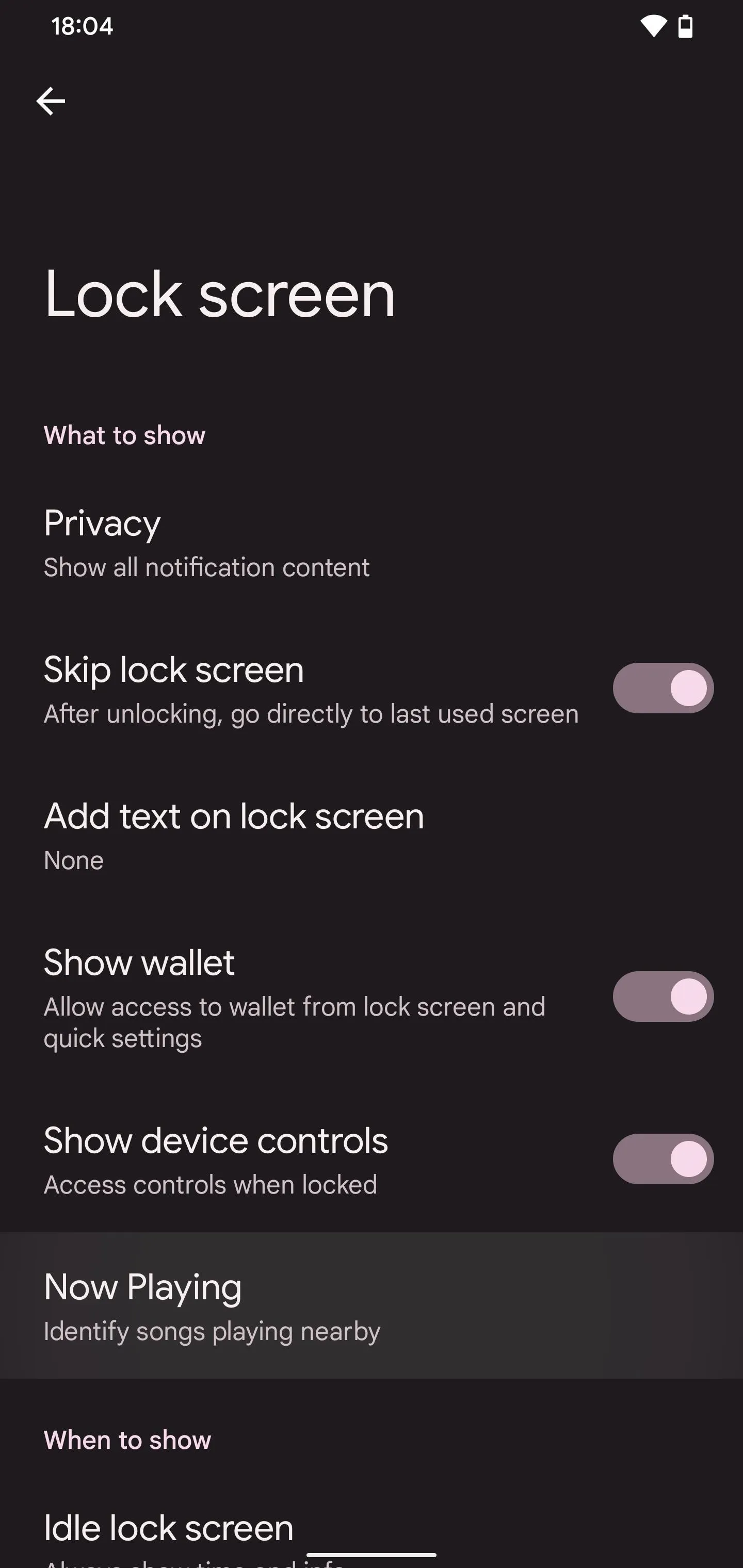 Lock screen settings menu displaying toggles for various options.