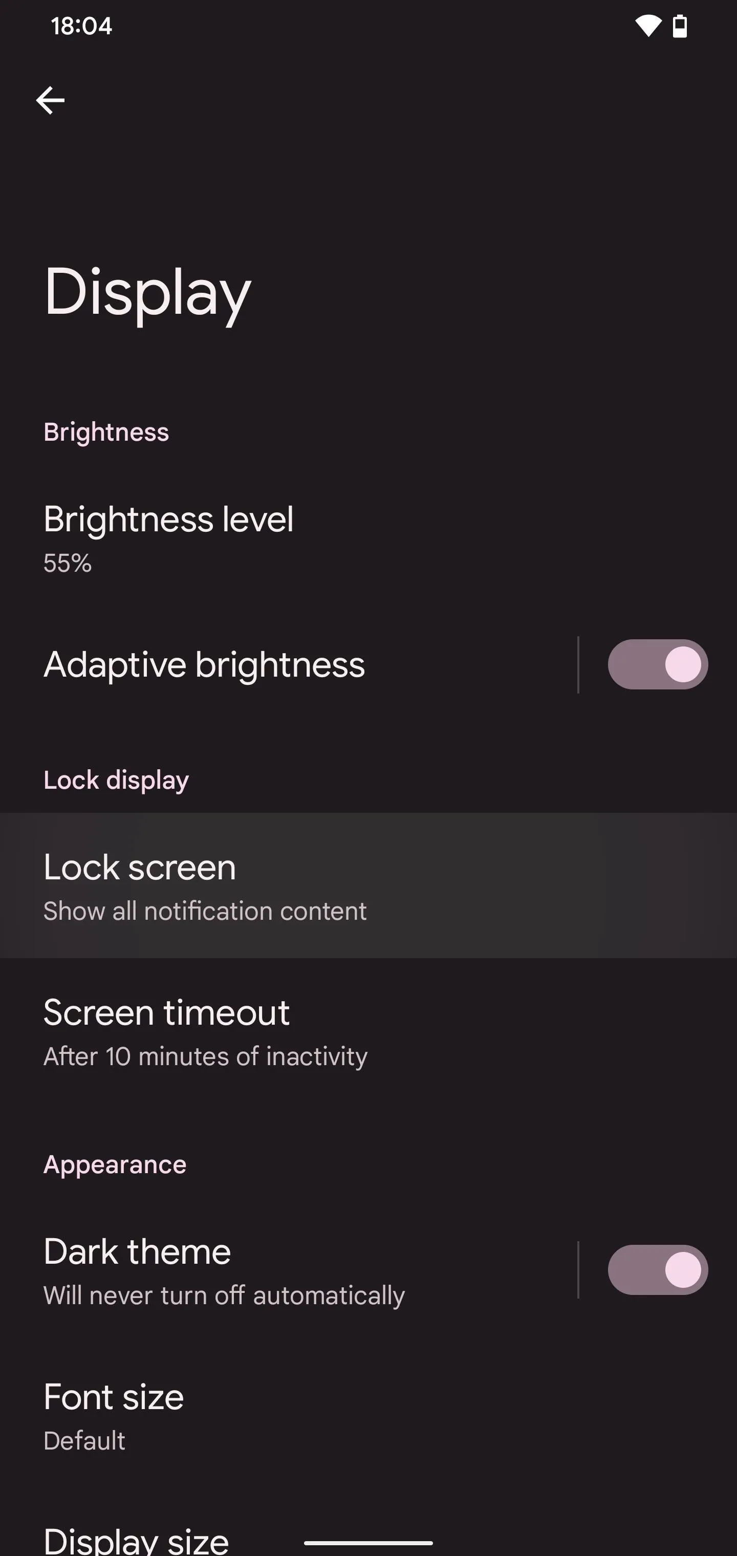 Display settings menu on a smartphone screen.