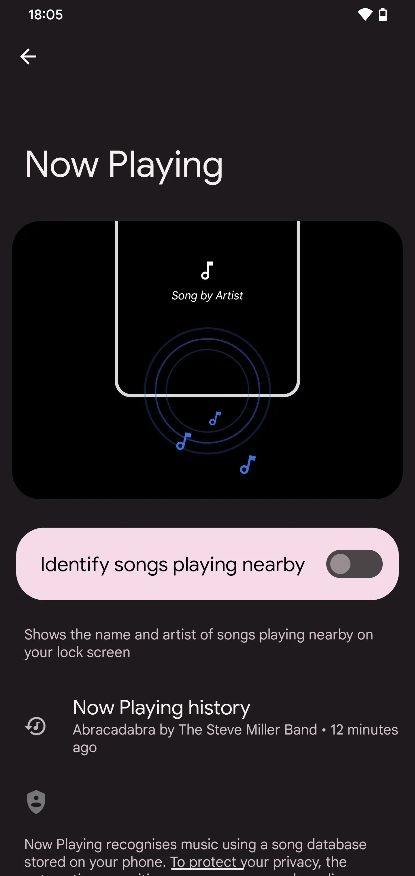 Now Playing feature identifying a song on a mobile device screen.