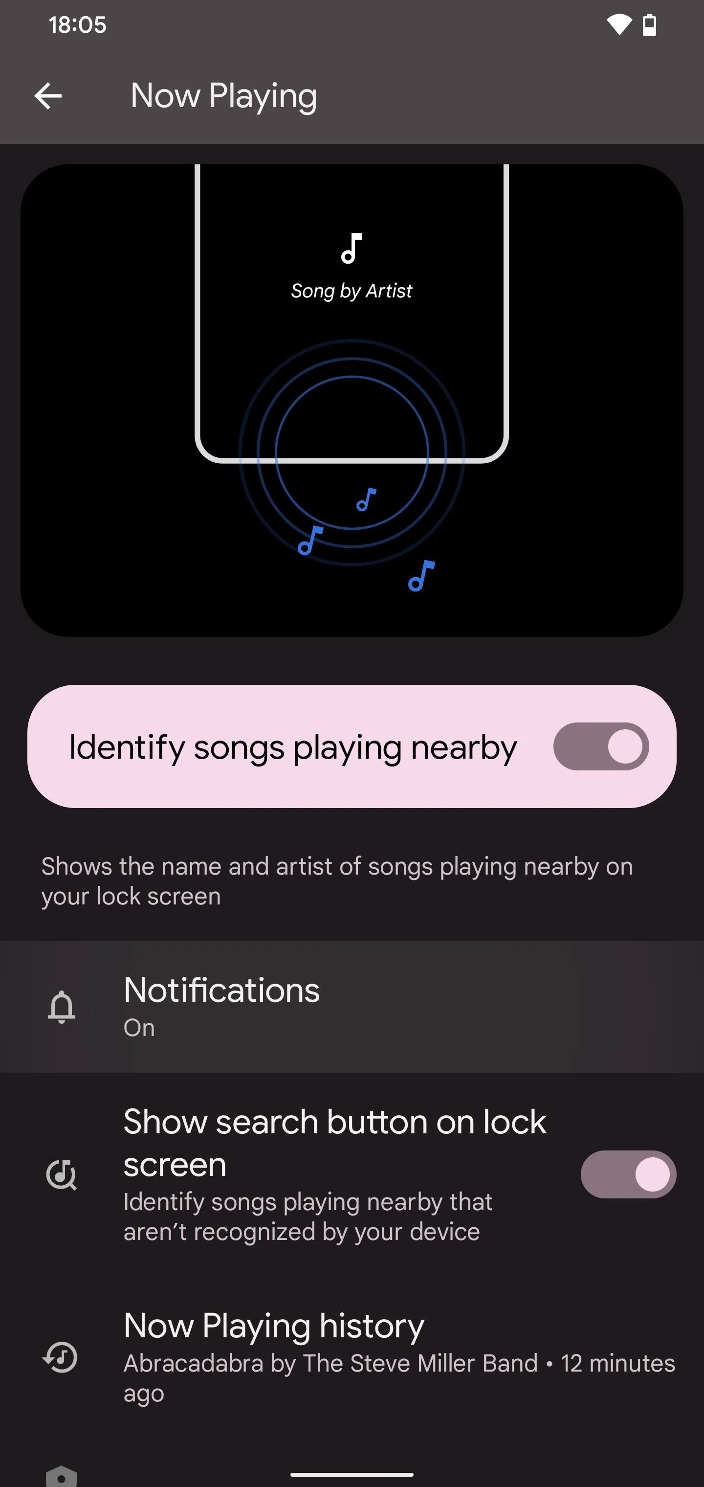 Music identification interface showing song details and notification settings.