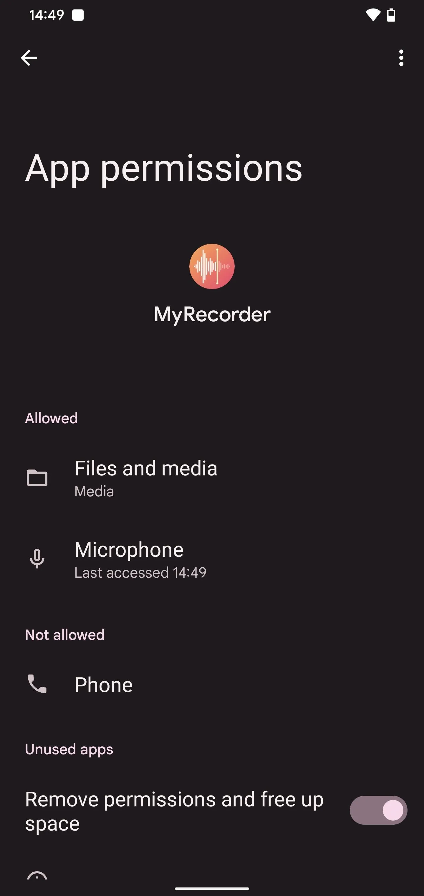 App permissions screen for MyRecorder app showing options for Files and media, Microphone, and Photos.