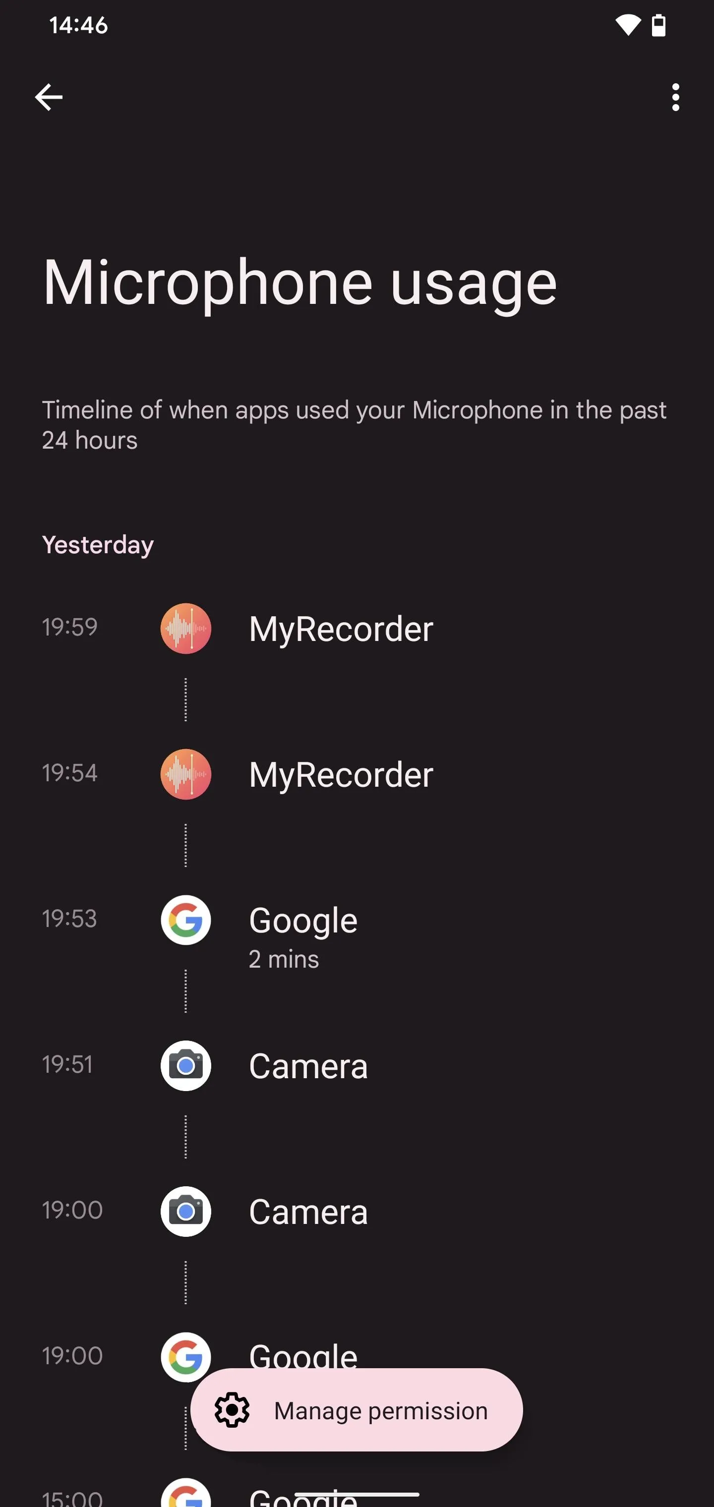 Microphone usage settings on a mobile device.