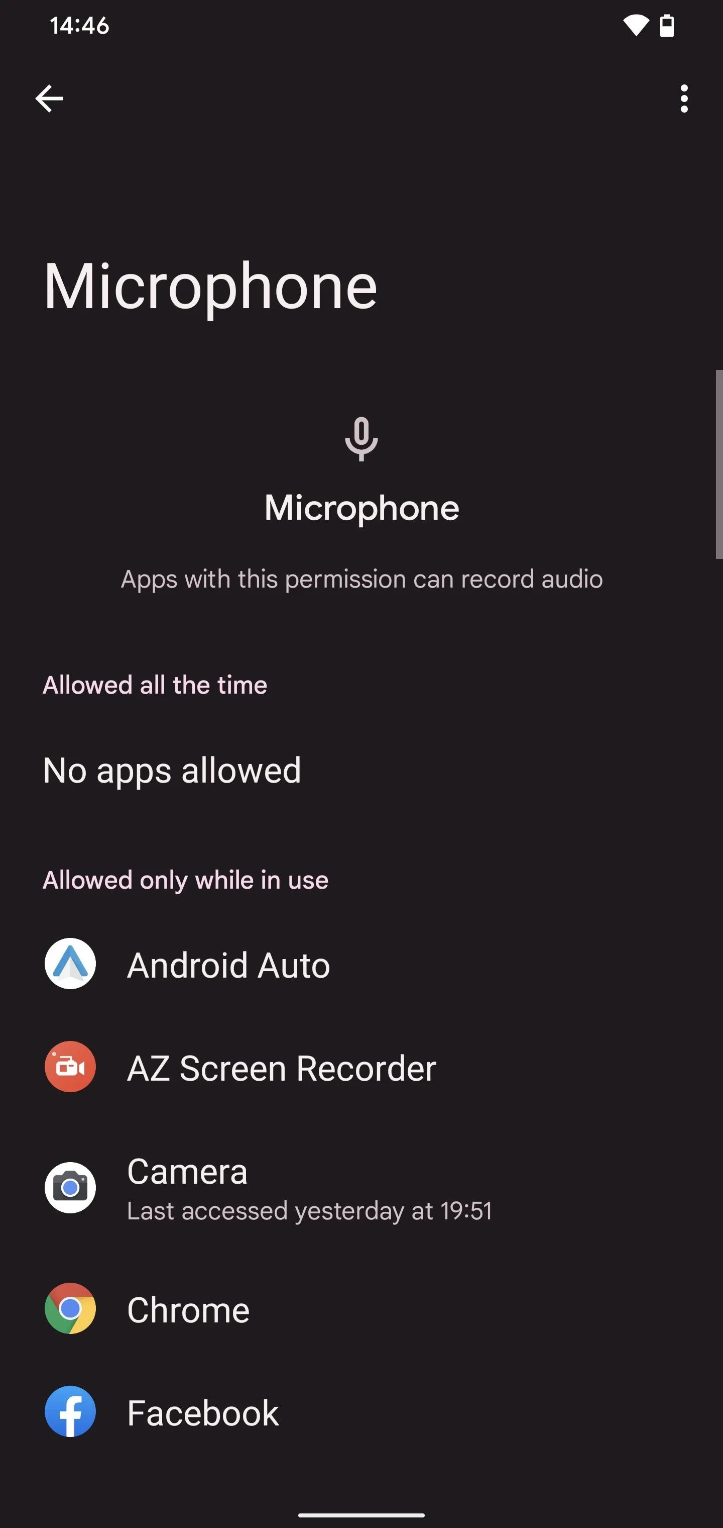 Microphone settings menu with app permissions listed.