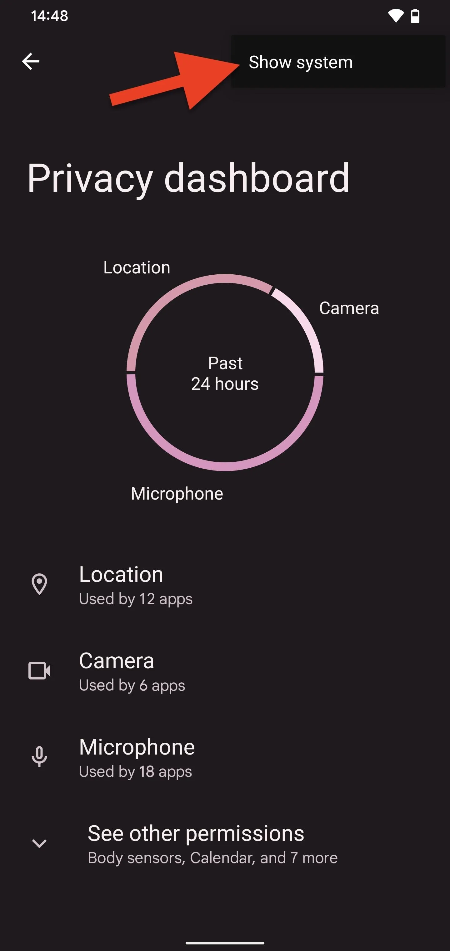 Privacy dashboard showing location and camera permissions settings.