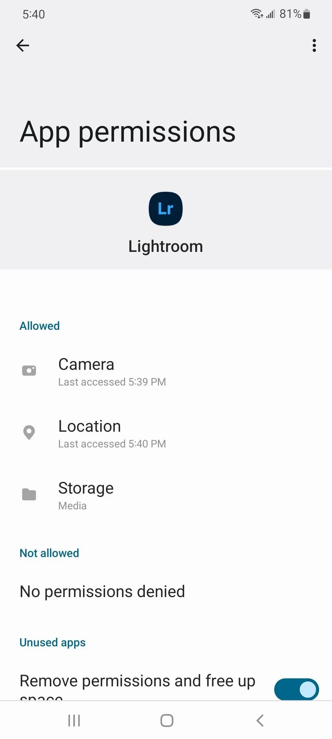 App permissions settings for the Lightsout application.