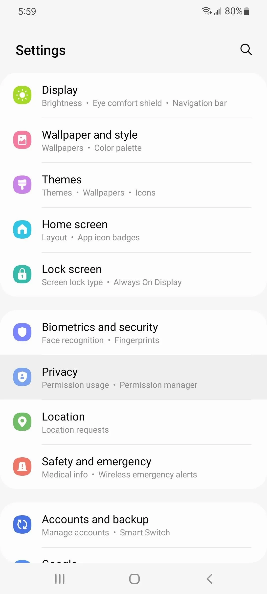 Mobile device settings menu with various options like Display, Privacy, and Location.