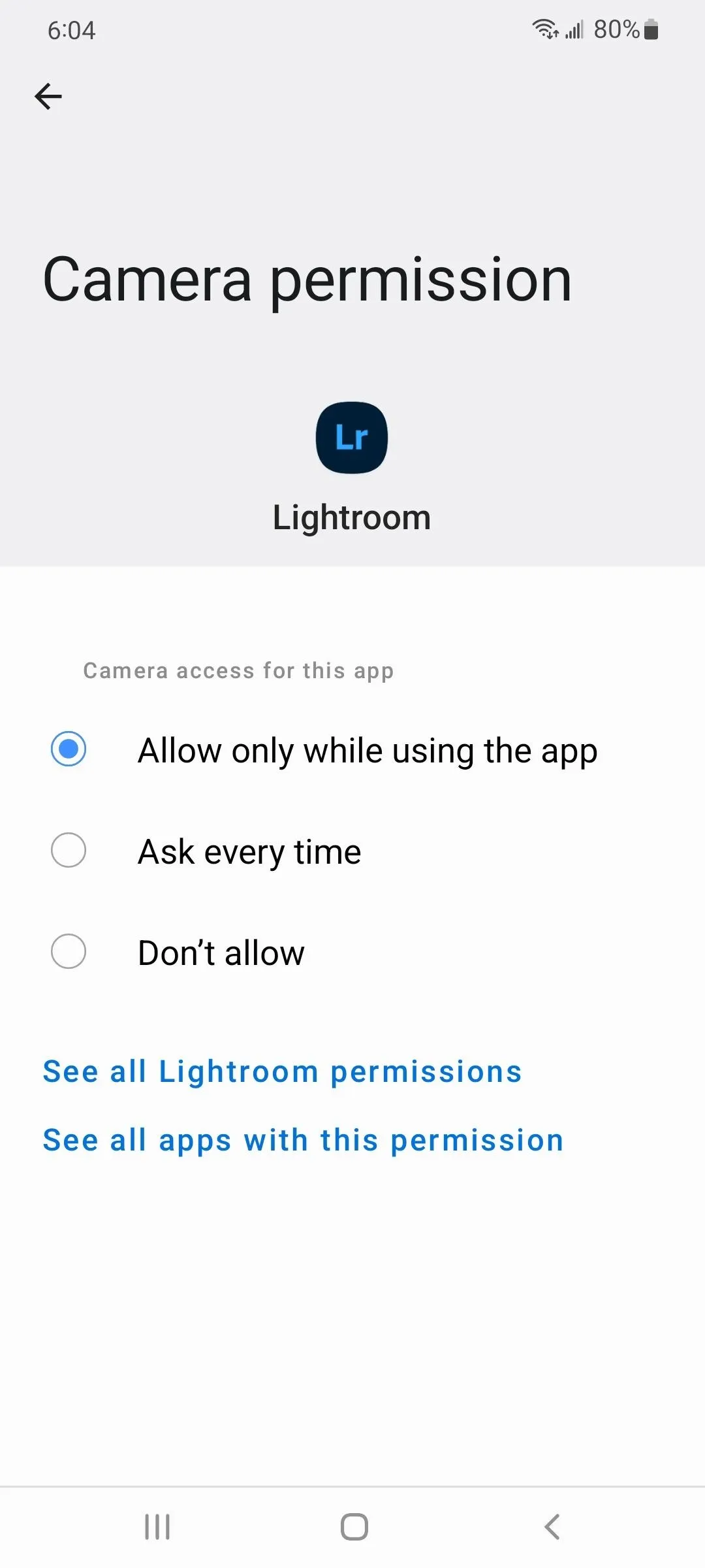 Camera permission settings on a mobile app.