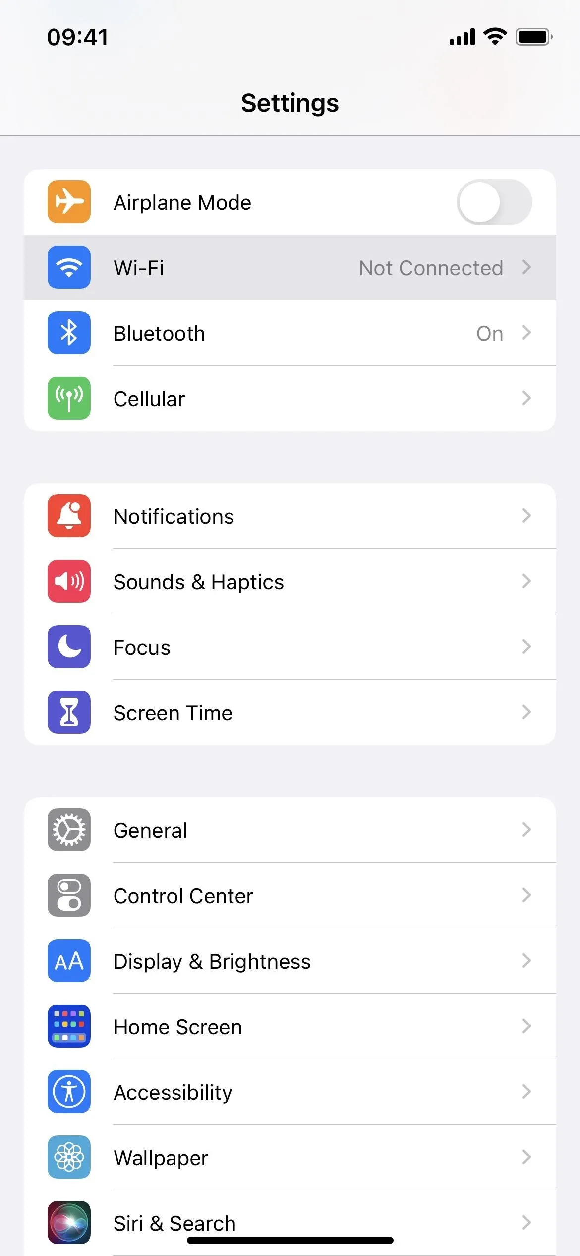 Settings menu on a mobile device displaying options like Wi-Fi, Bluetooth, and Screen Time.