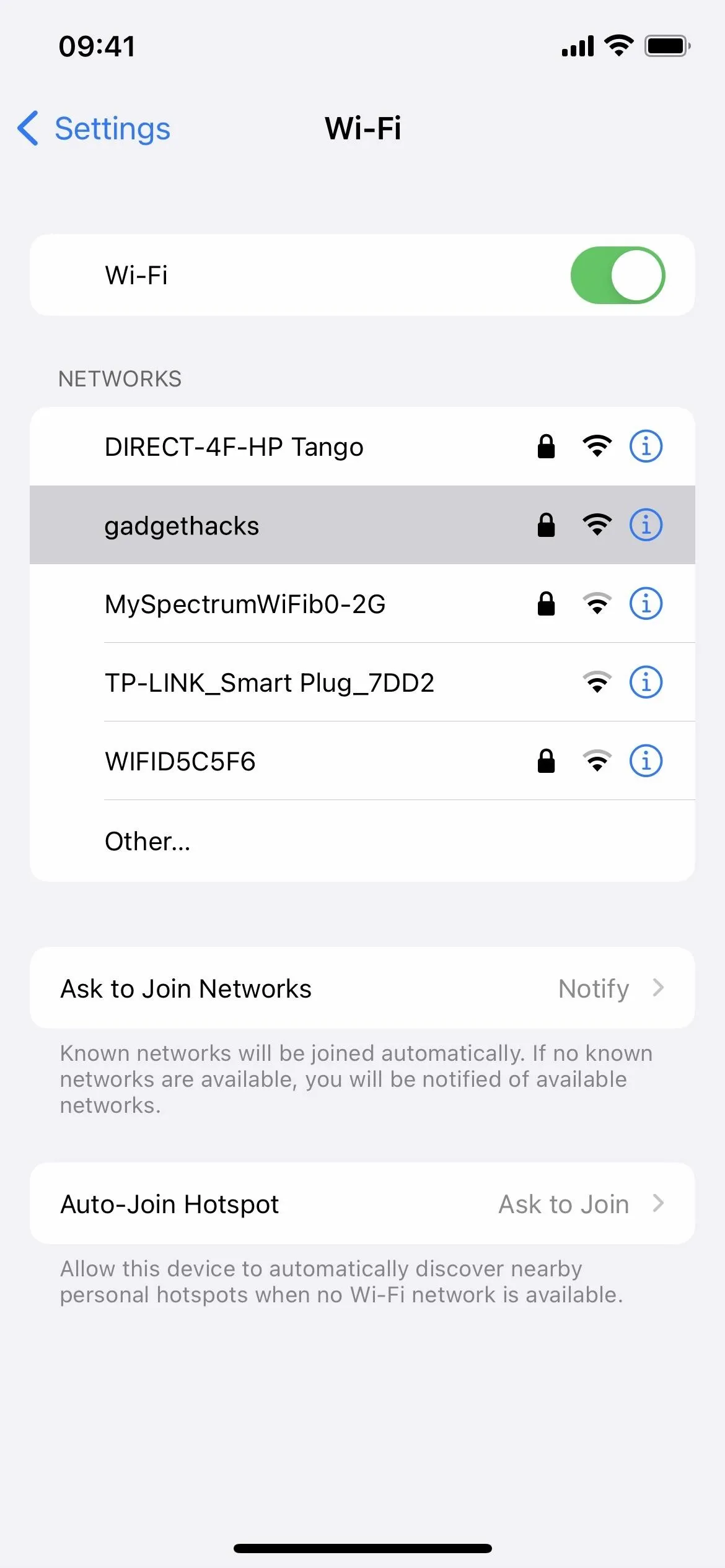 Mobile settings screen displaying Wi-Fi options and network information.