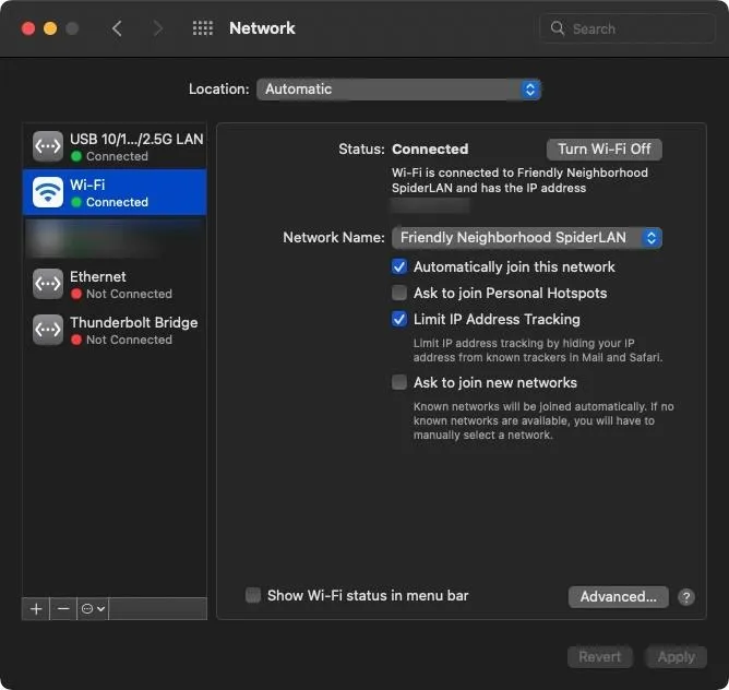 Network settings interface displaying Wi-Fi connection options and status.