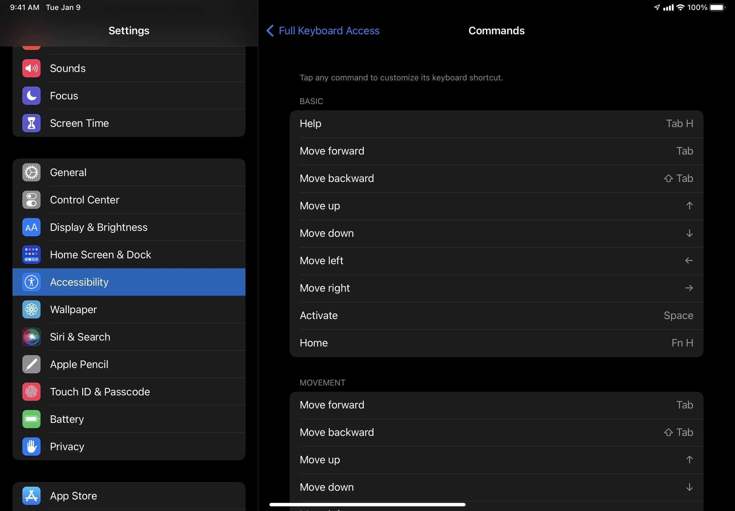 Settings menu with options for "Accessibility" and various other features listed.