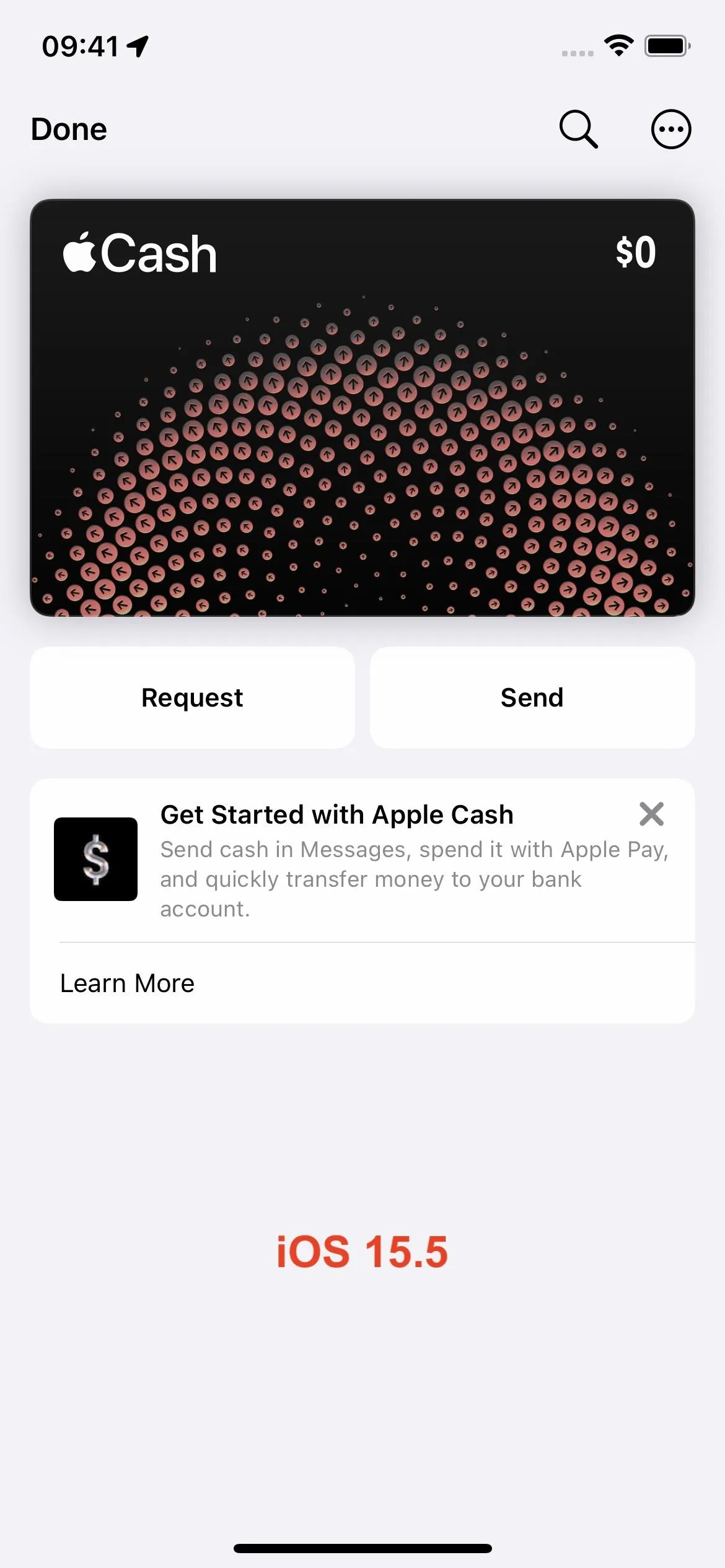 Apple Cash wallet interface displaying send and request options.