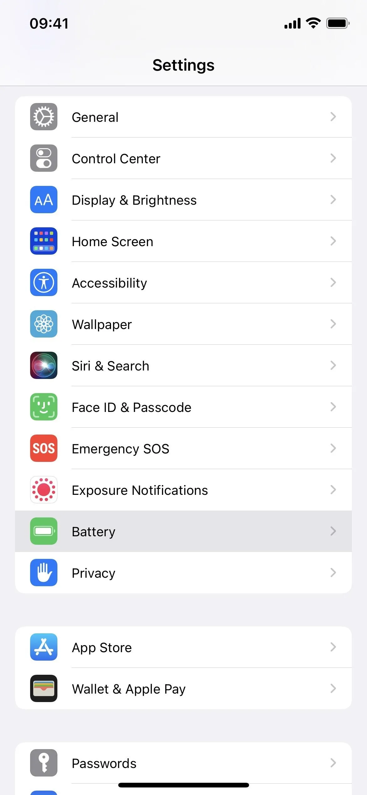 Settings menu on a smartphone displaying various configuration options.