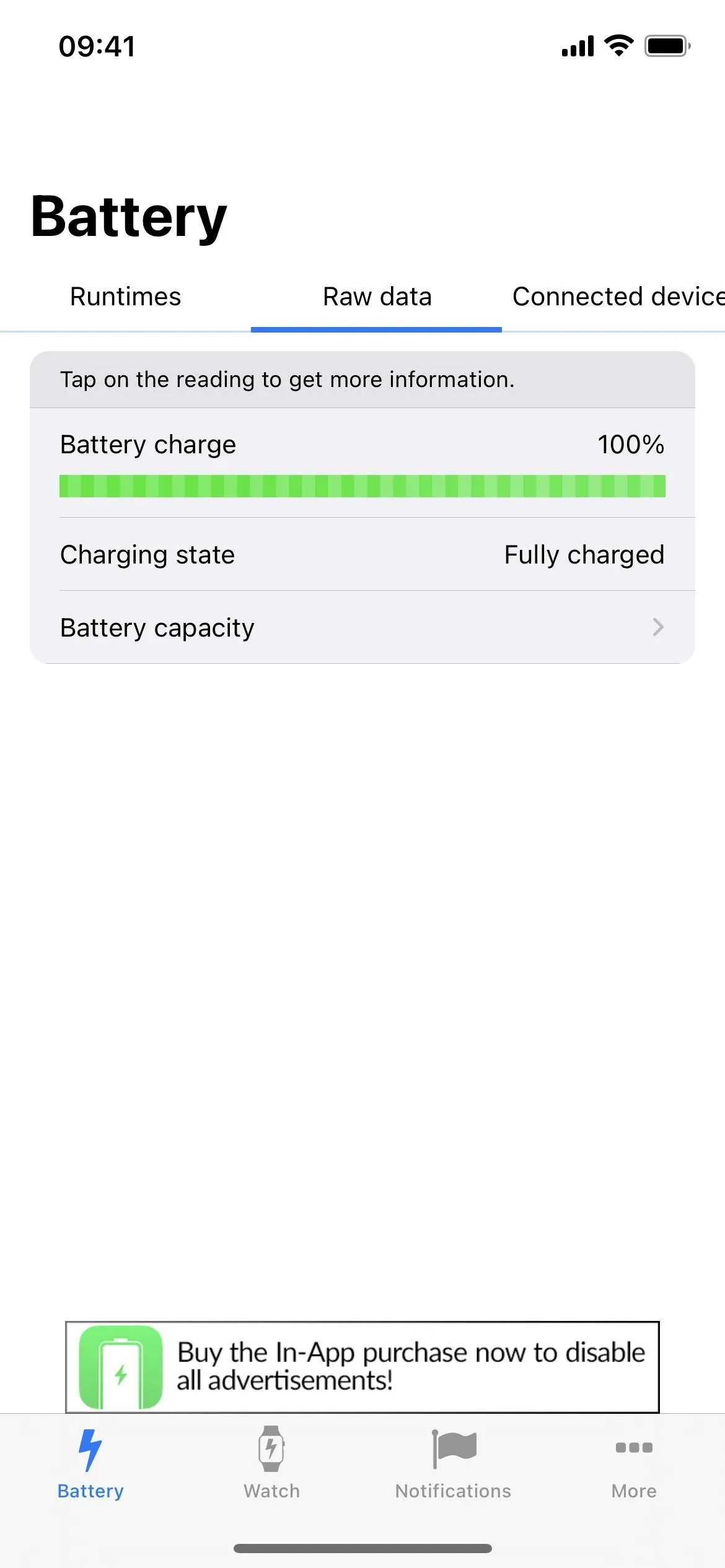 Battery settings screen displaying charge status and usage information.