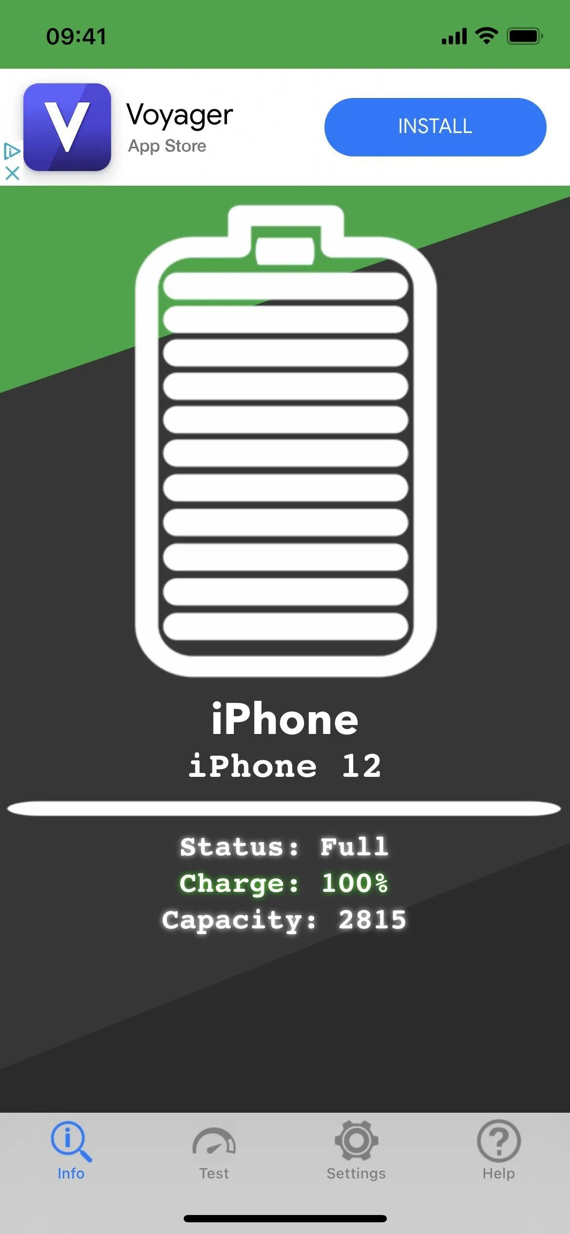 iPhone 12 battery status display showing full charge and capacity.