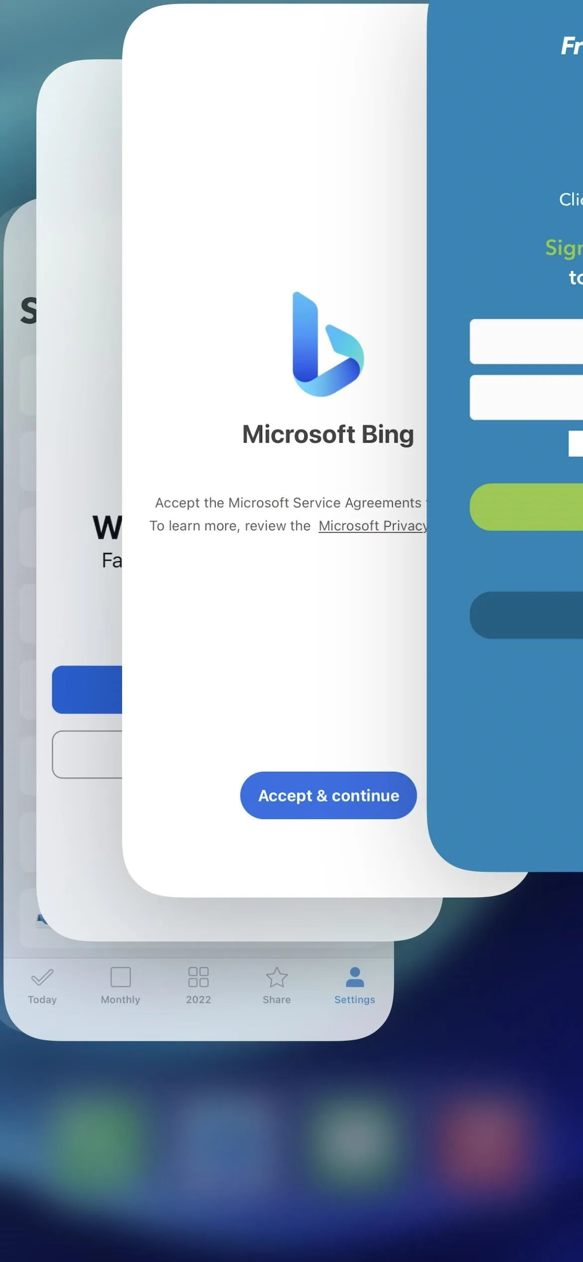 Microsoft Bing mobile app interface with a search bar and login screen.