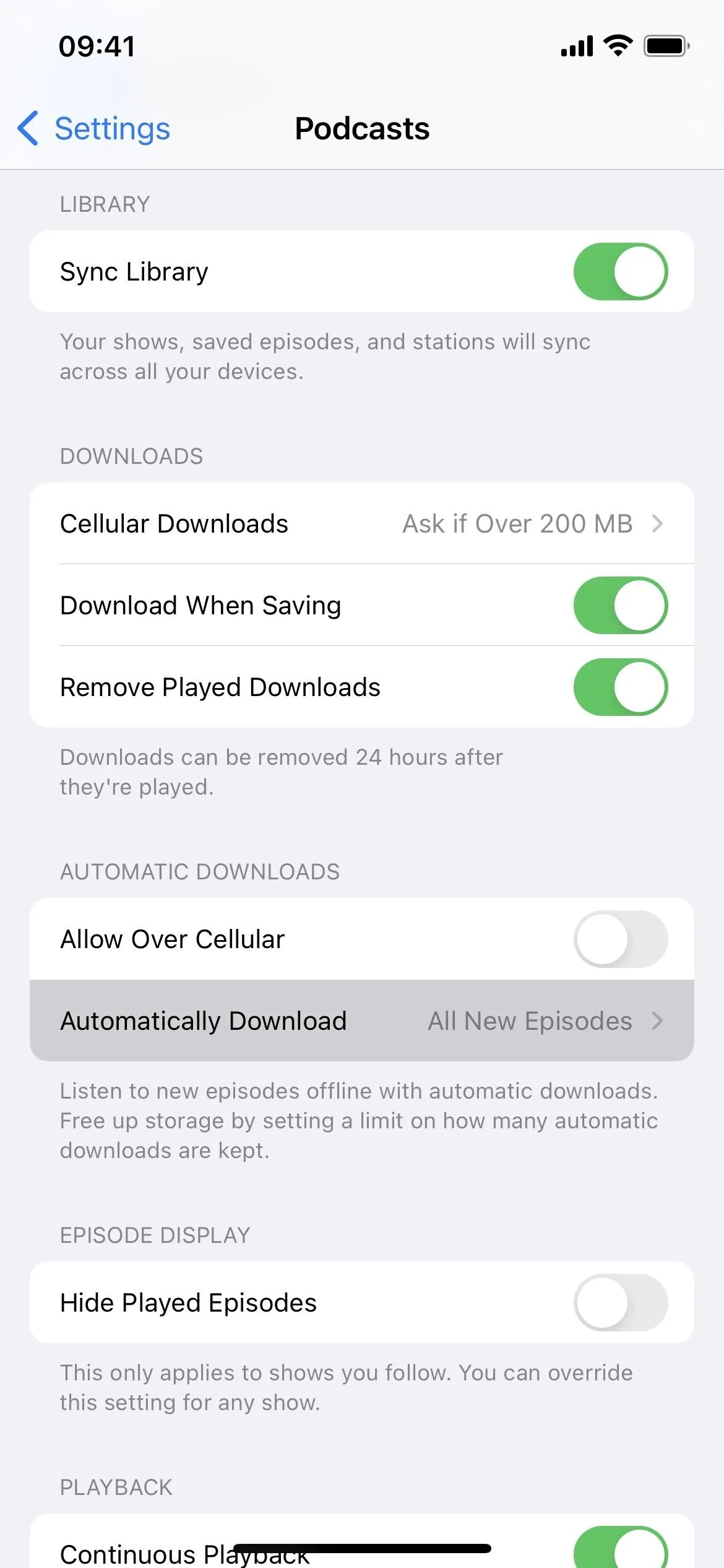 Podcast settings on a mobile device with various options enabled.