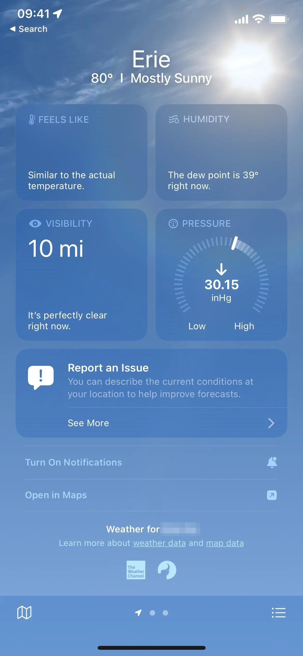 Weather app interface showing a 10-mile forecast.