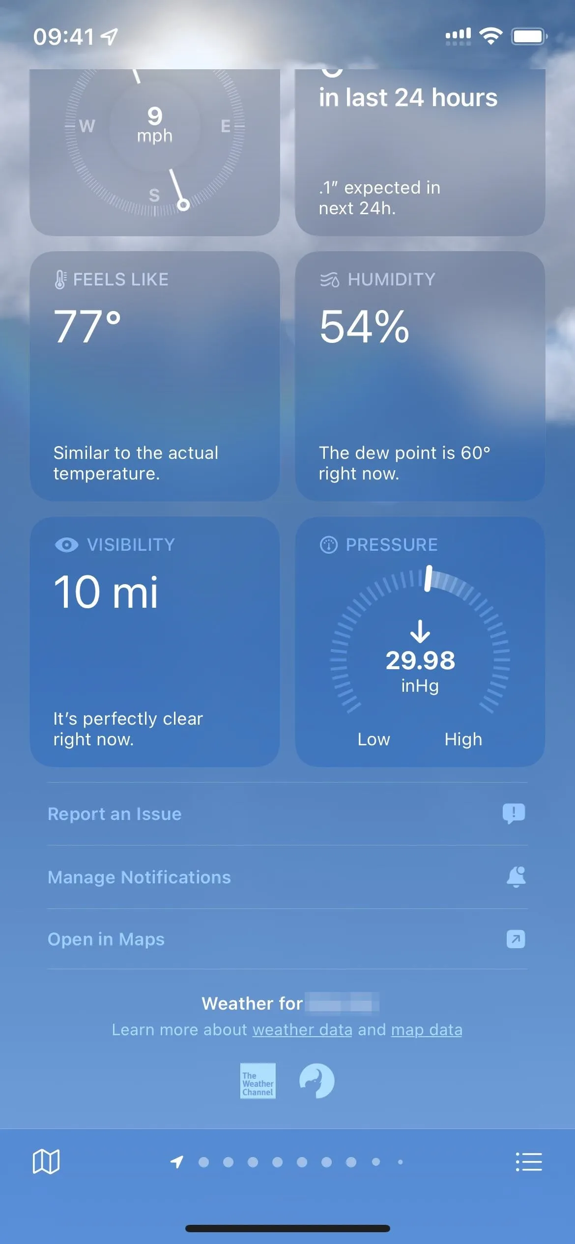 Weather forecast display with current temperature, humidity, wind speed, and air quality information.