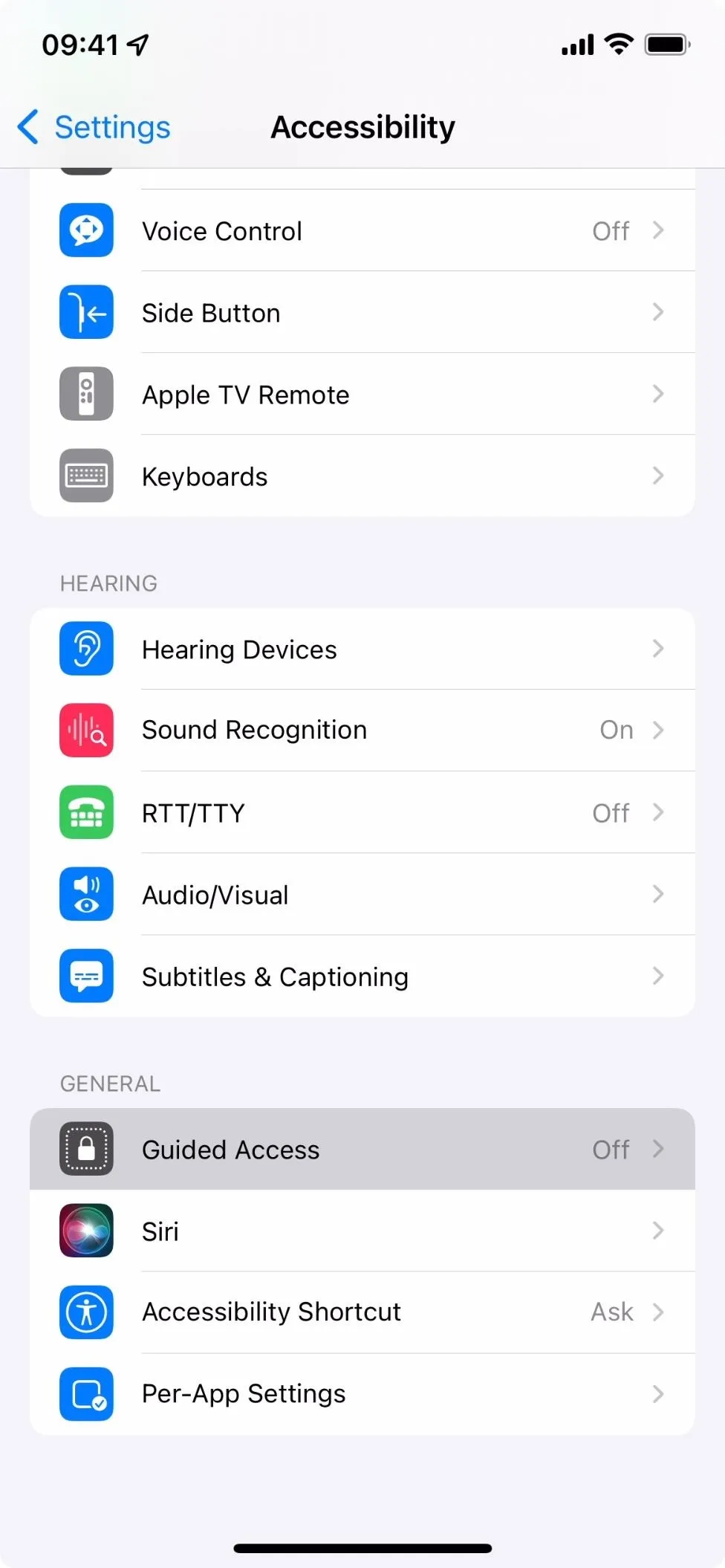 Settings menu showing accessibility options on a mobile device.