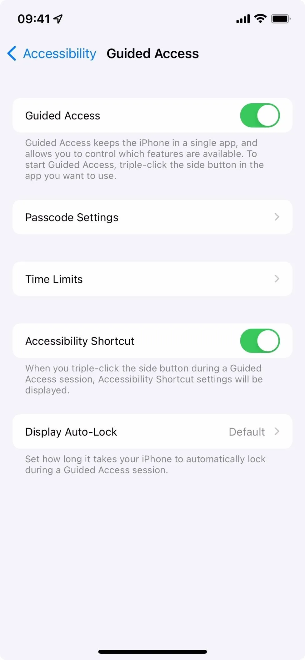 Accessibility settings menu on a mobile device.