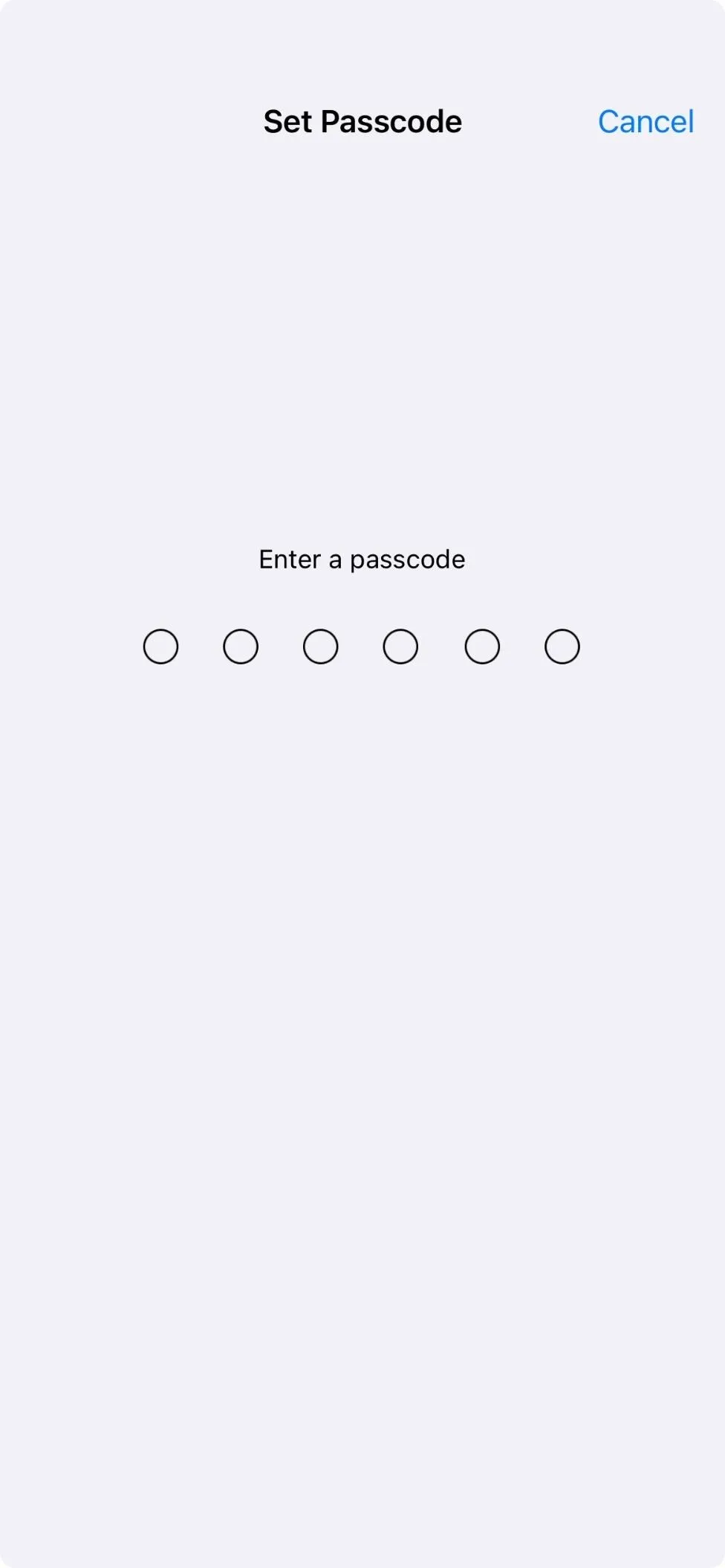 Set Password Screen with Dots for Entry.