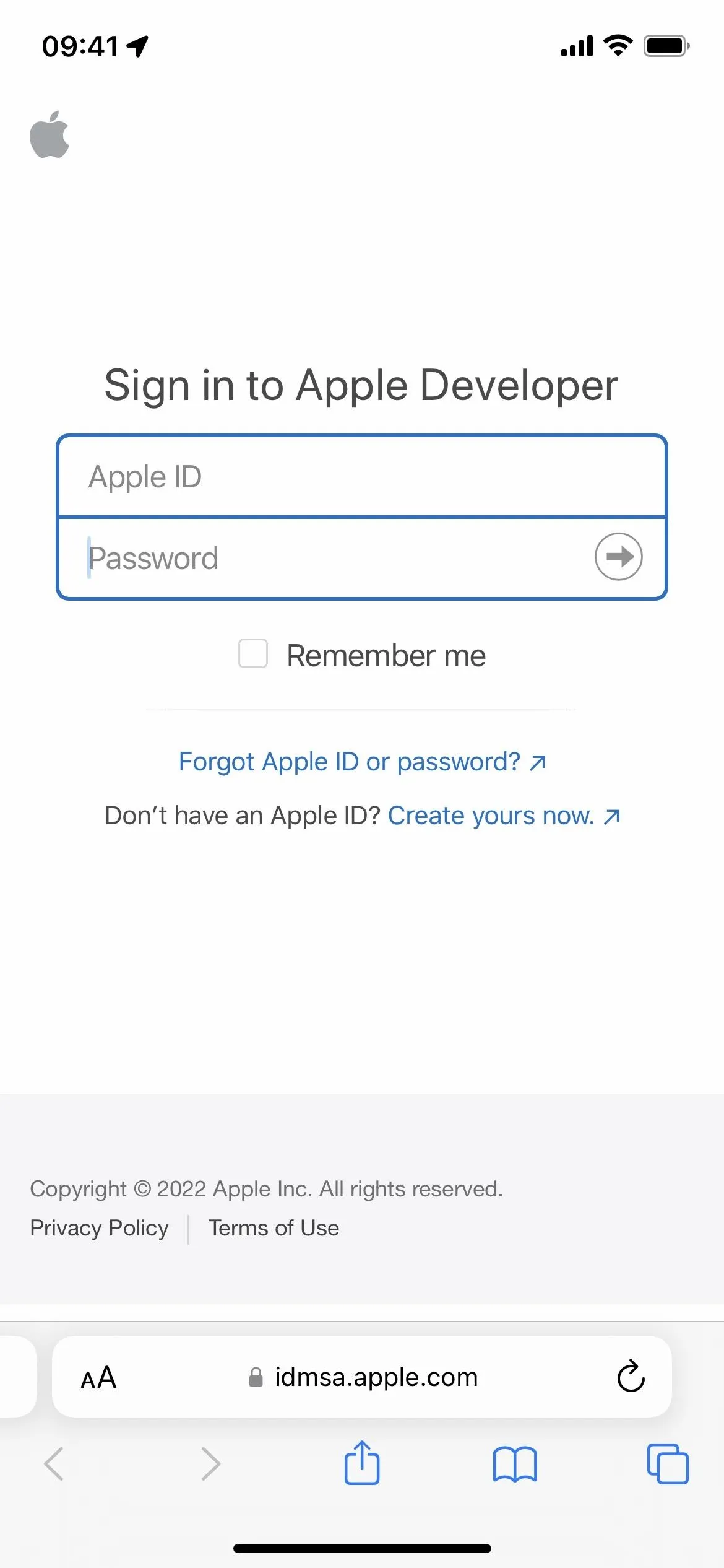 Apple Developer sign-in page with fields for email and password.